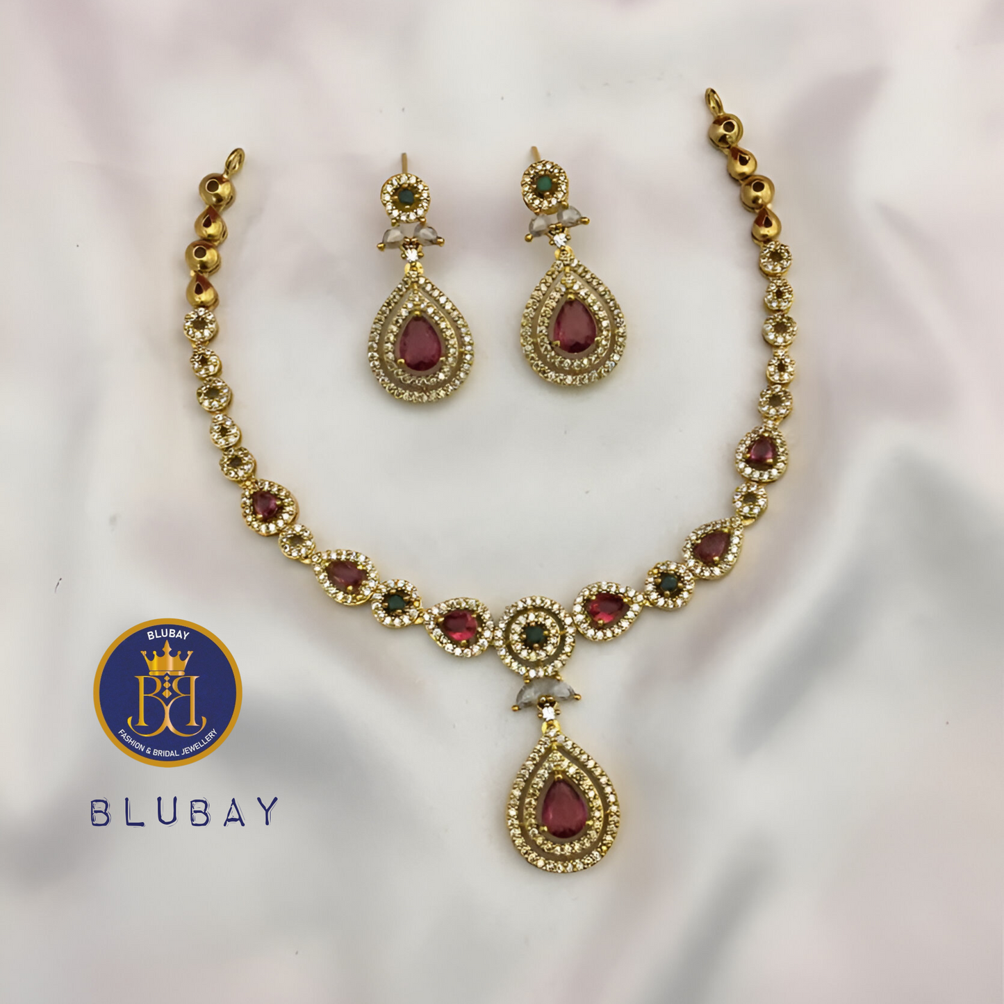 Tear drop AD and Crystal Ruby Necklace set