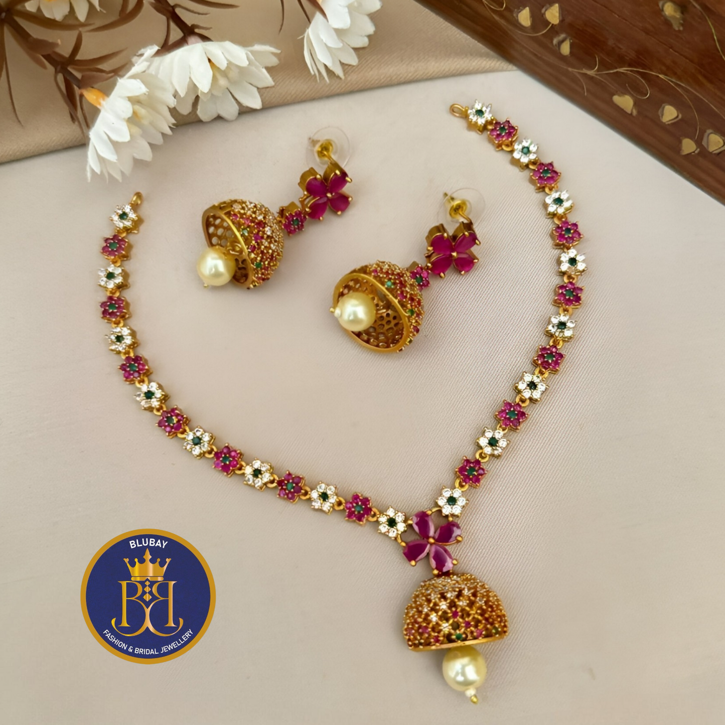 Clover bloom Premium AD stone and pearl pendant Necklace set