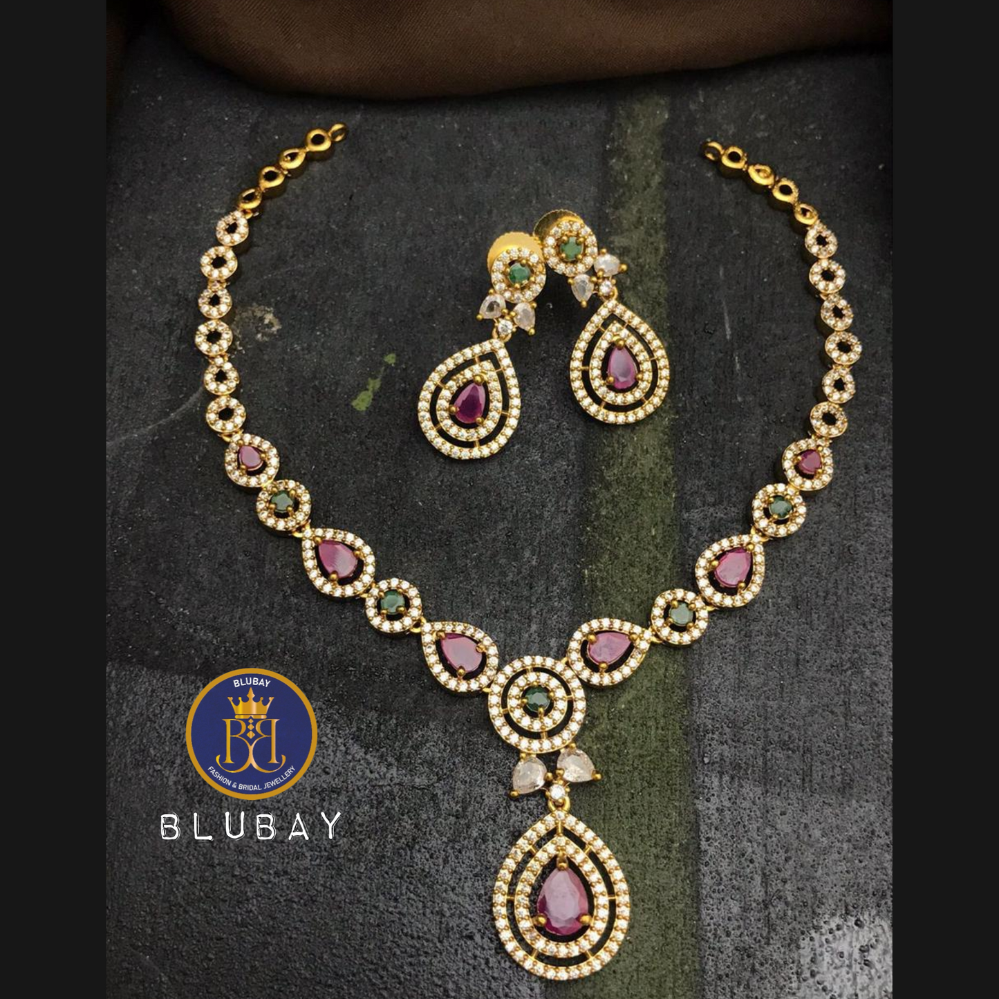 Tear drop AD and Crystal Ruby Necklace set