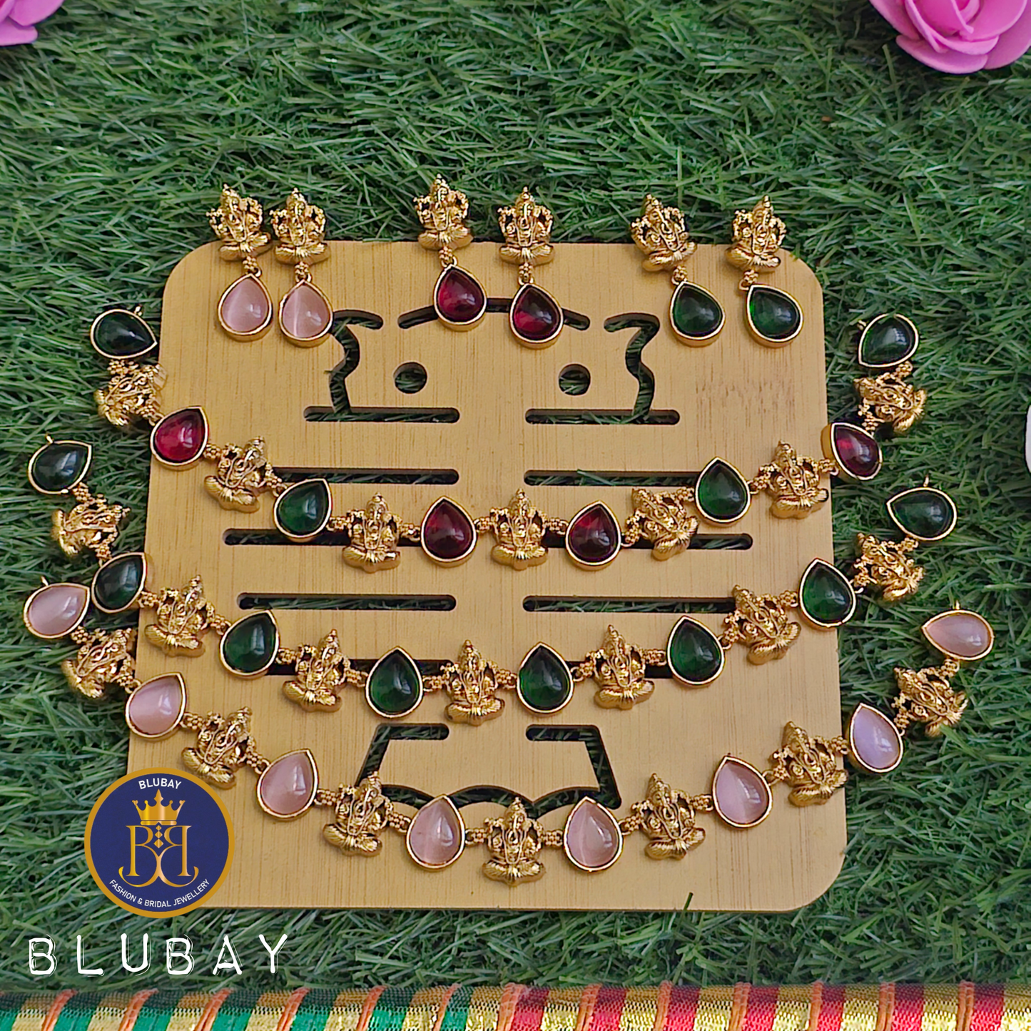 Ganapati hanging glossy stone gold look alike premium Necklace set