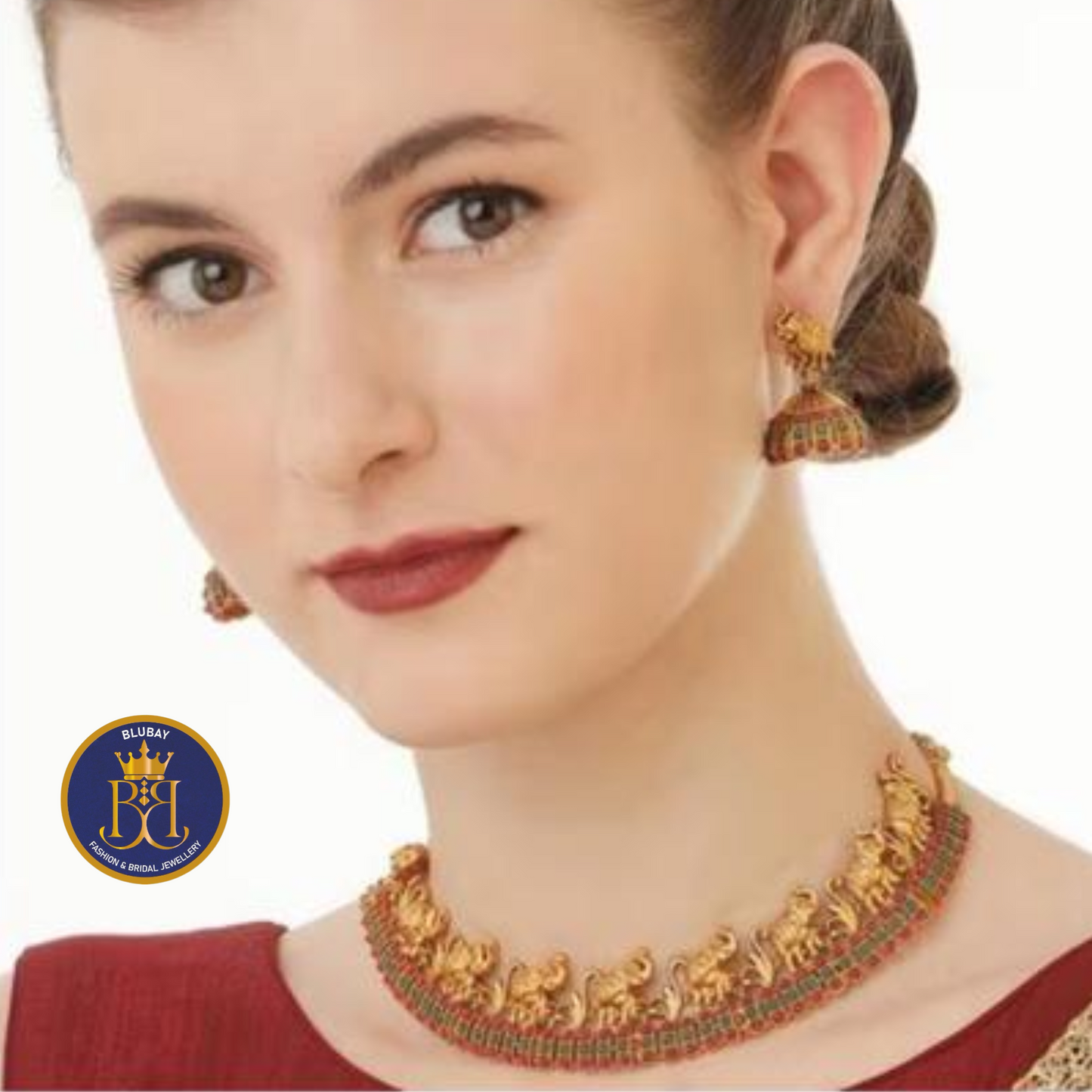 Lined elephant golden antique kemp stone Necklace with Jhumkas set