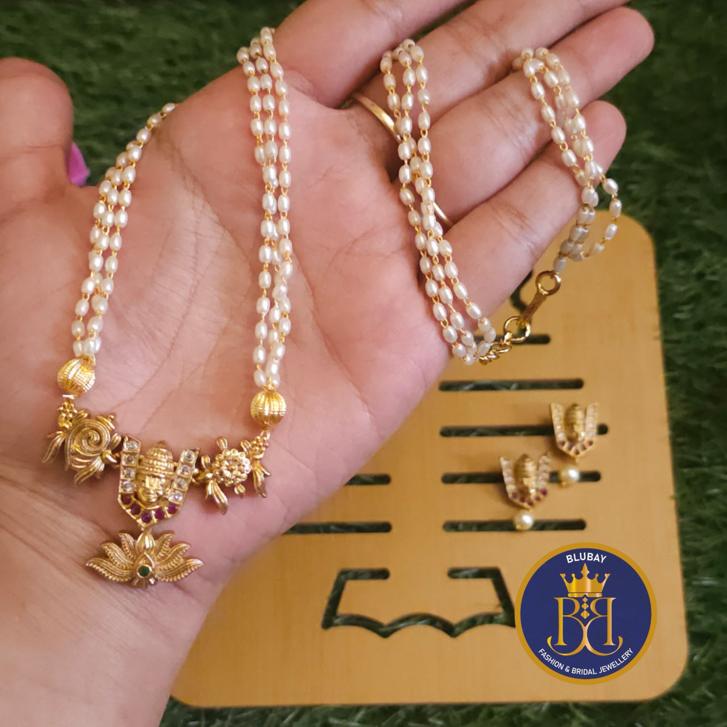 Namo Narayana Venkateswara multilayered pearl AD and gold Pendant chain set