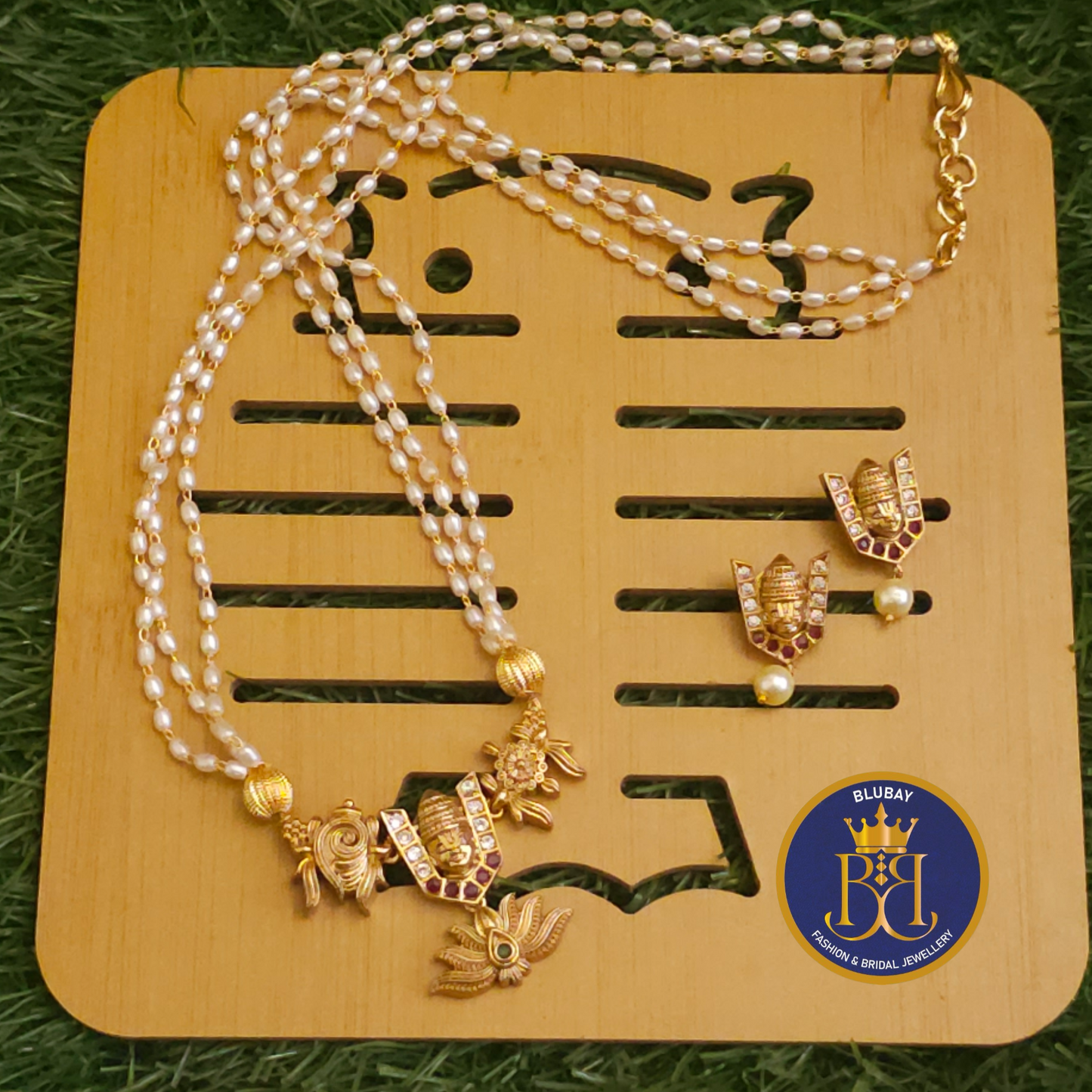 Namo Narayana Venkateswara multilayered pearl AD and gold Pendant chain set
