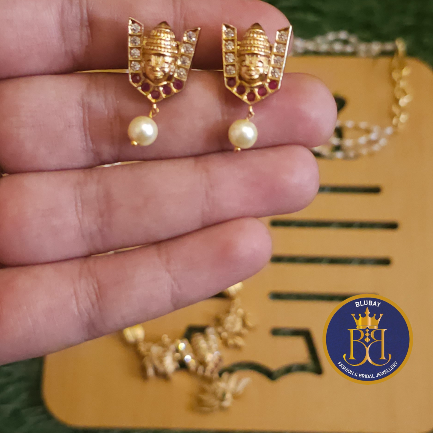 Namo Narayana Venkateswara multilayered pearl AD and gold Pendant chain set