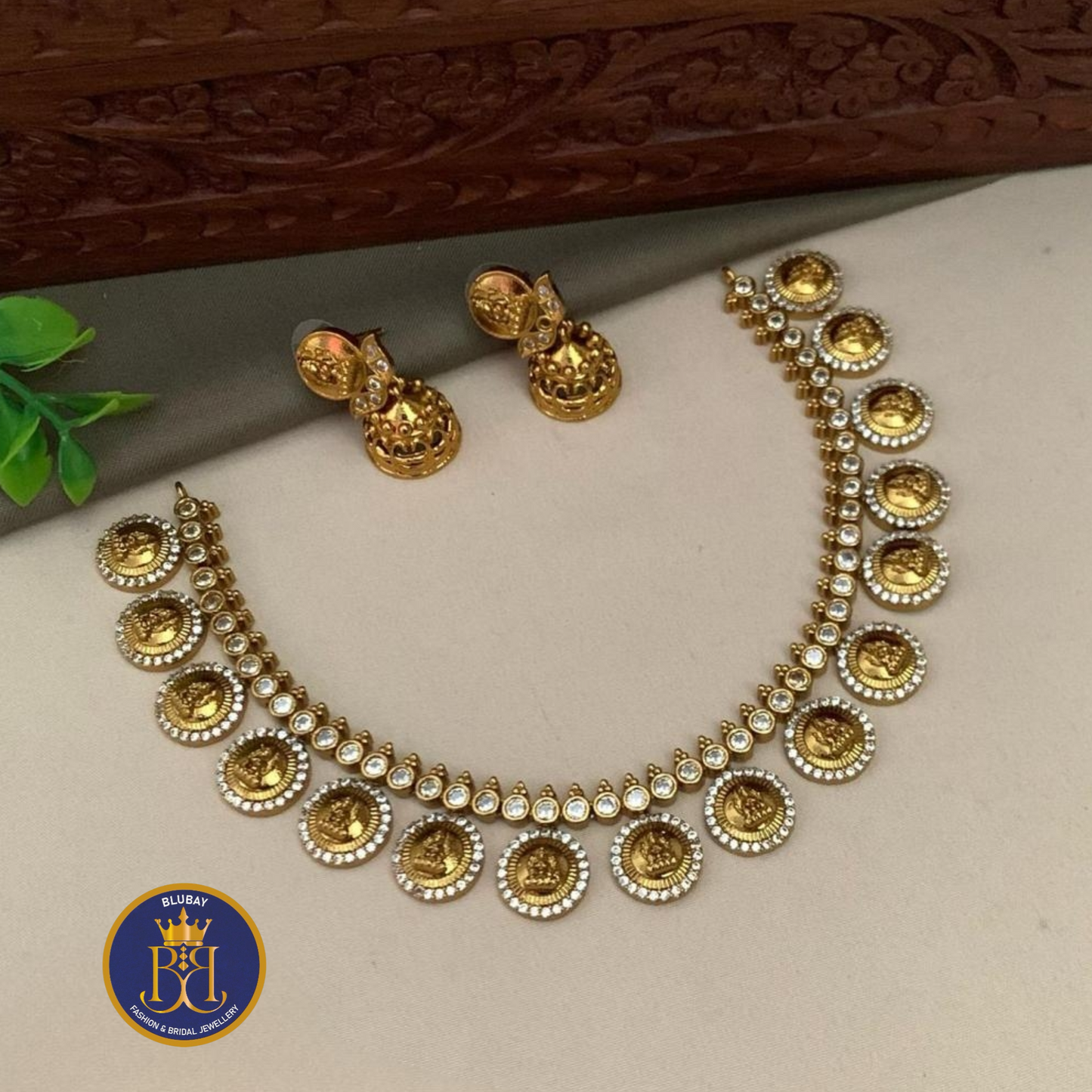 Premium Nakshi Gold look alike AD doublet bridal hanging coins Necklace set