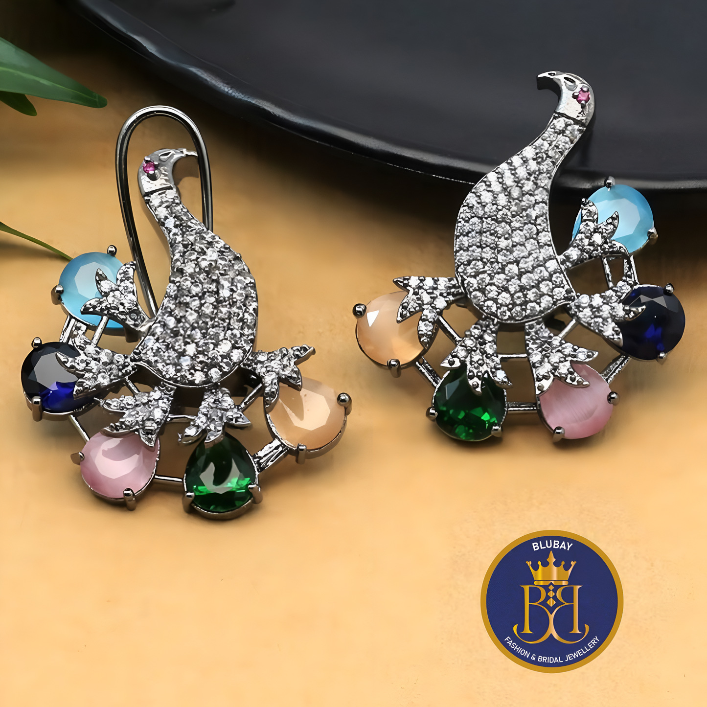 Multicolored gemstones studded statement Diamond look alike Peacock Stud earrings with backclip