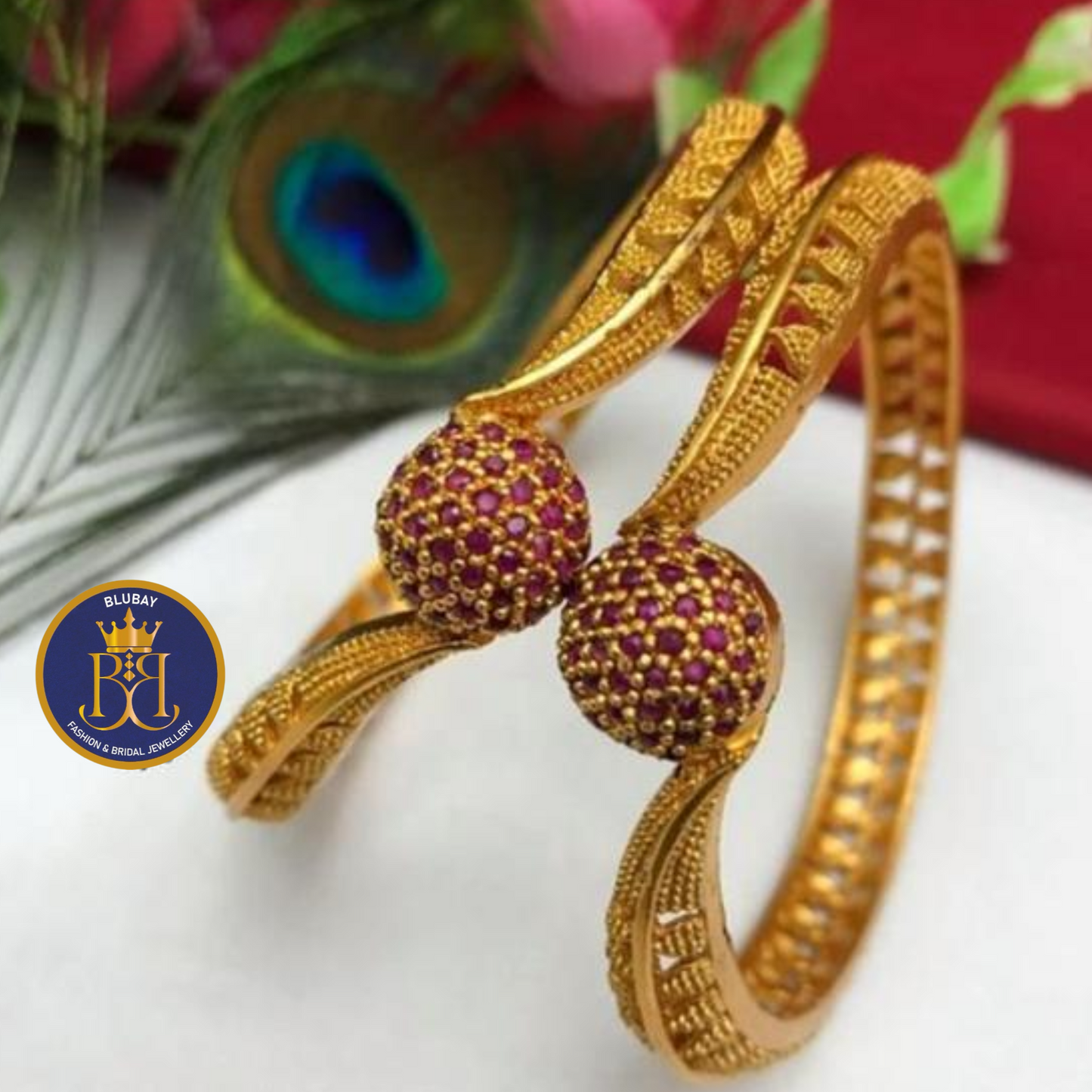 Ruby Diamond look alike golden leaf and Dome Bangles set