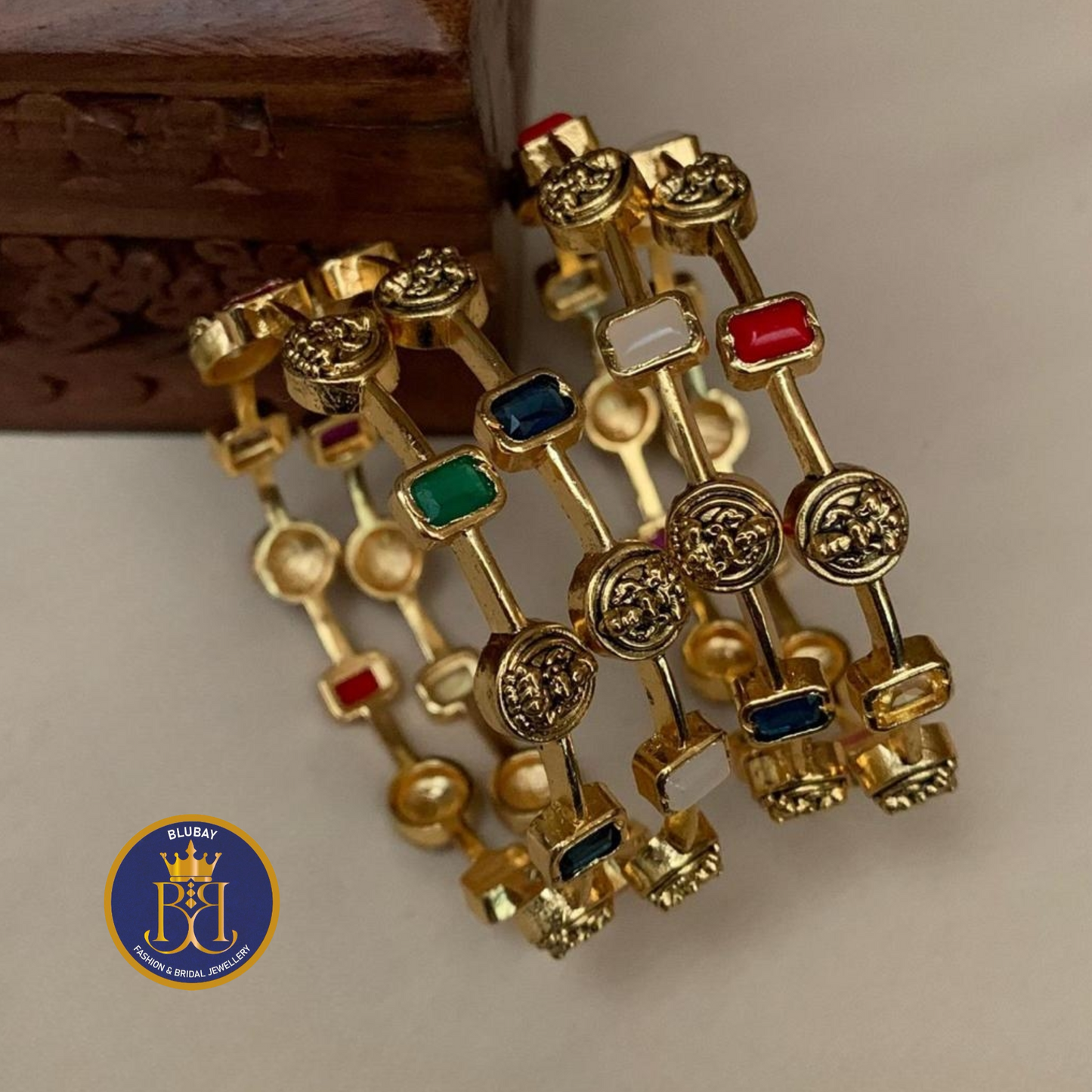 Premium Golden multicolored stone studded Nakshi Bangles set of 4