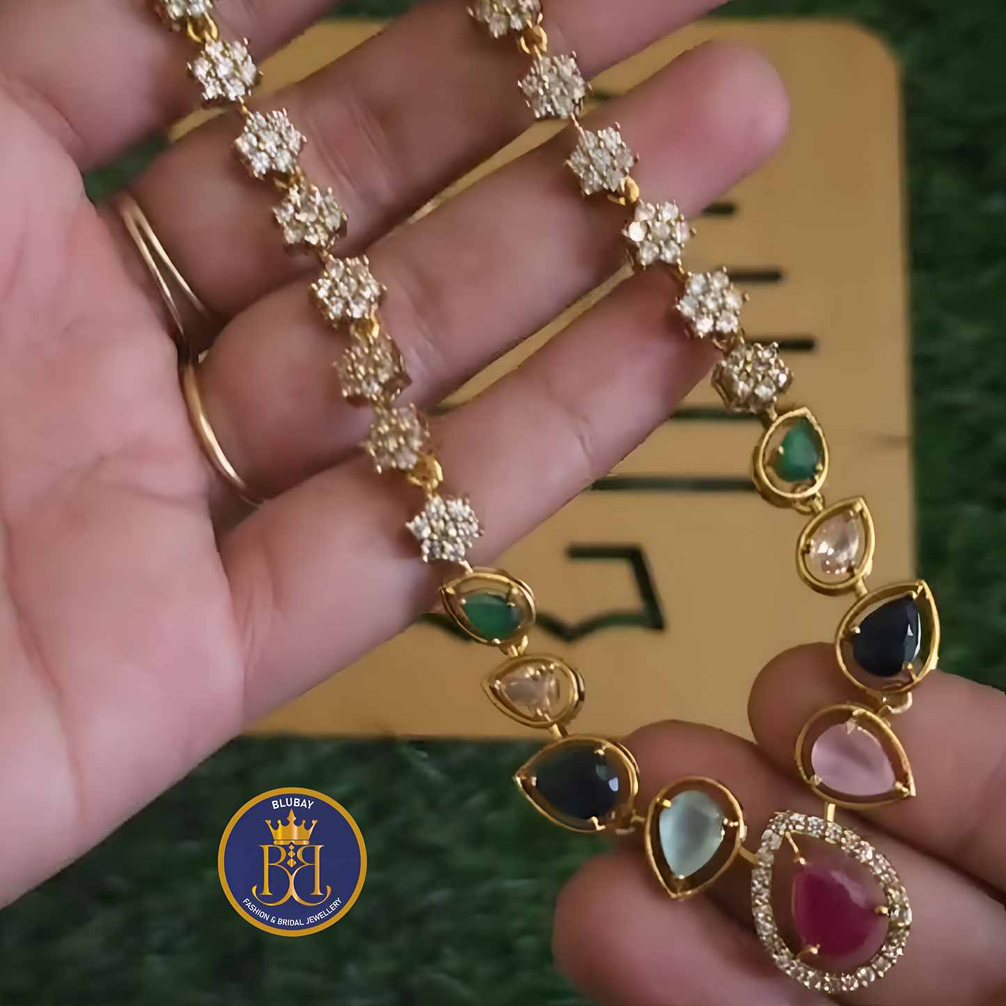 Premium Navratna multicolored AD dew drop Necklace set