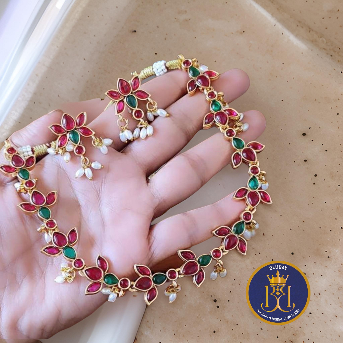 Premium Pink and green jadau lotus Necklace set with rice pearls cluster