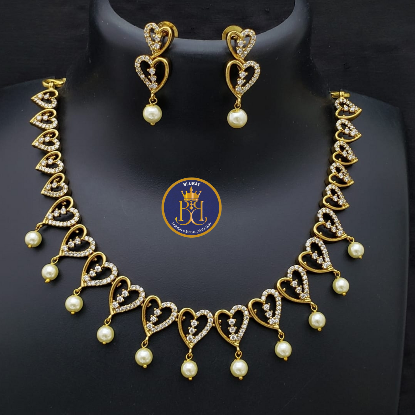 Love hearts AD Necklace set with white pearl drops