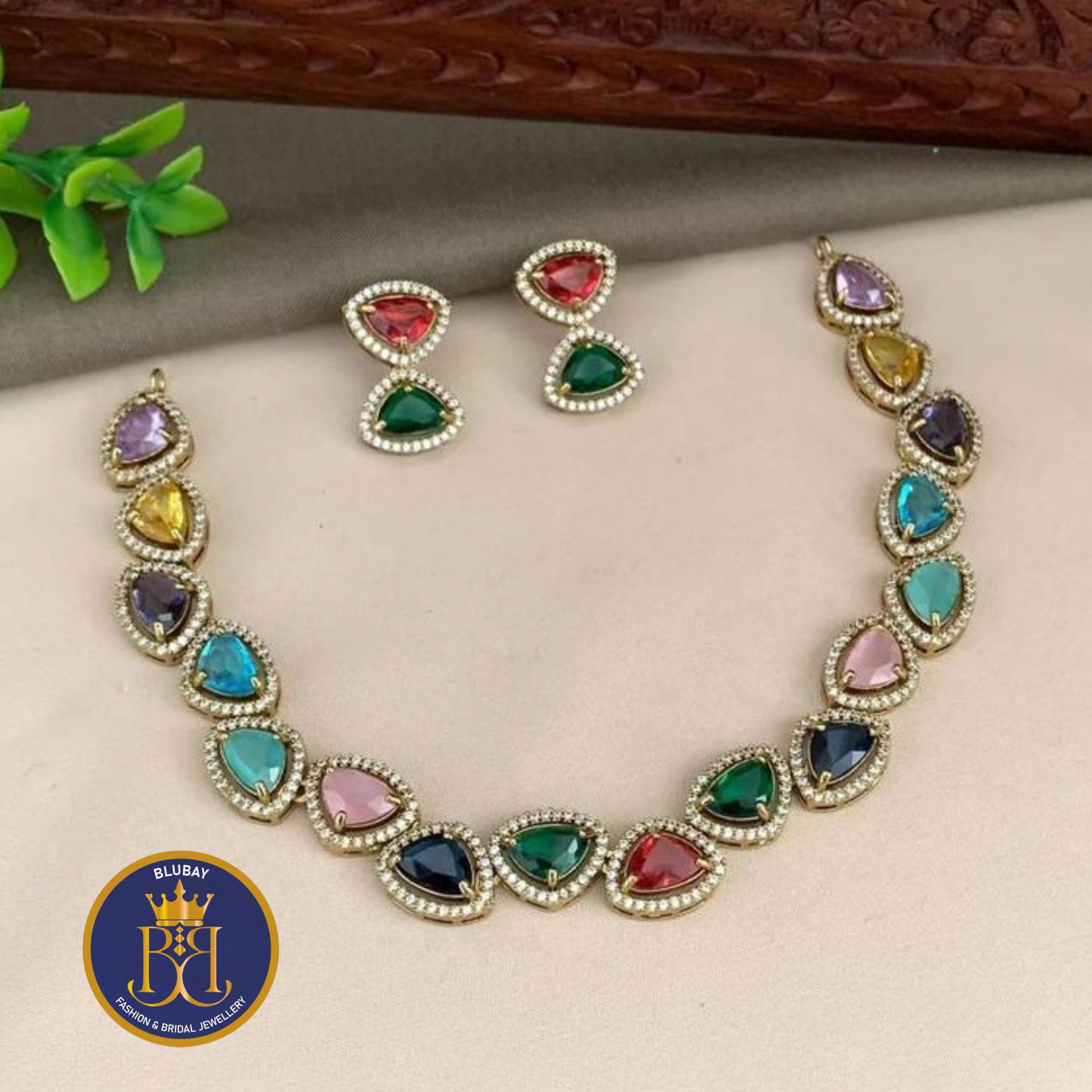 Navaratna glossy Stone studded premium AD doublet silver Necklace set