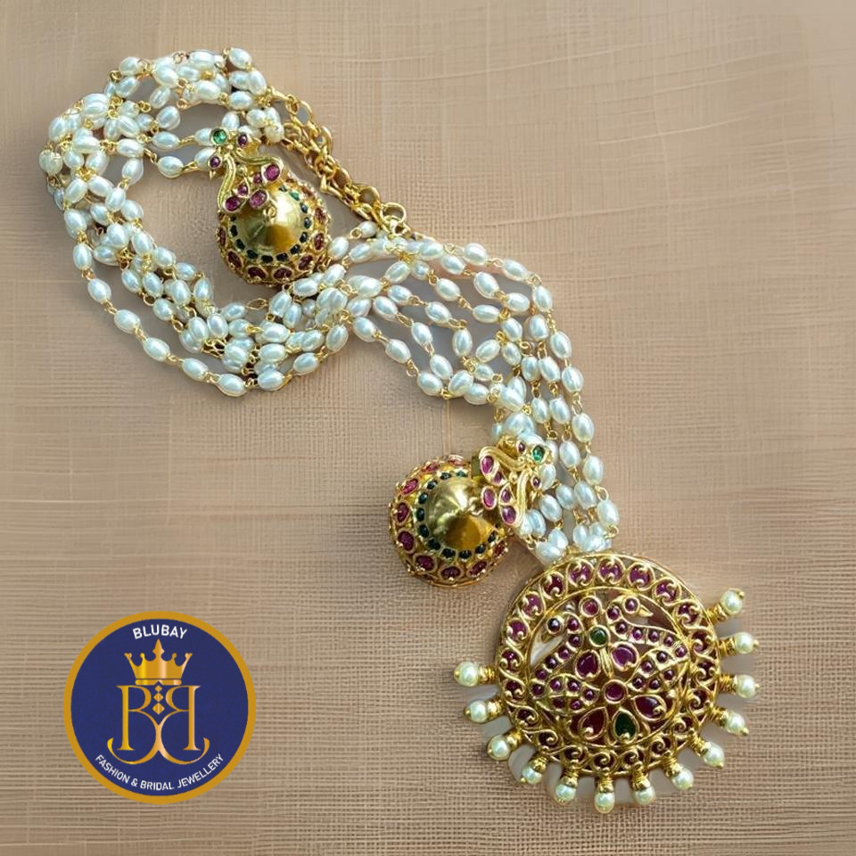 Triple layered temple design pearl and kemp long Maala set