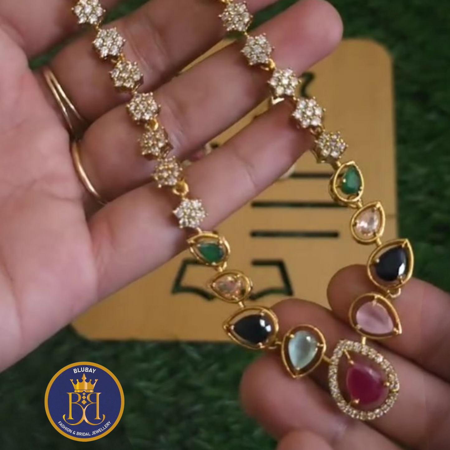 Premium multicolored Navaratna AD stone studded dew drop Floral Necklace set