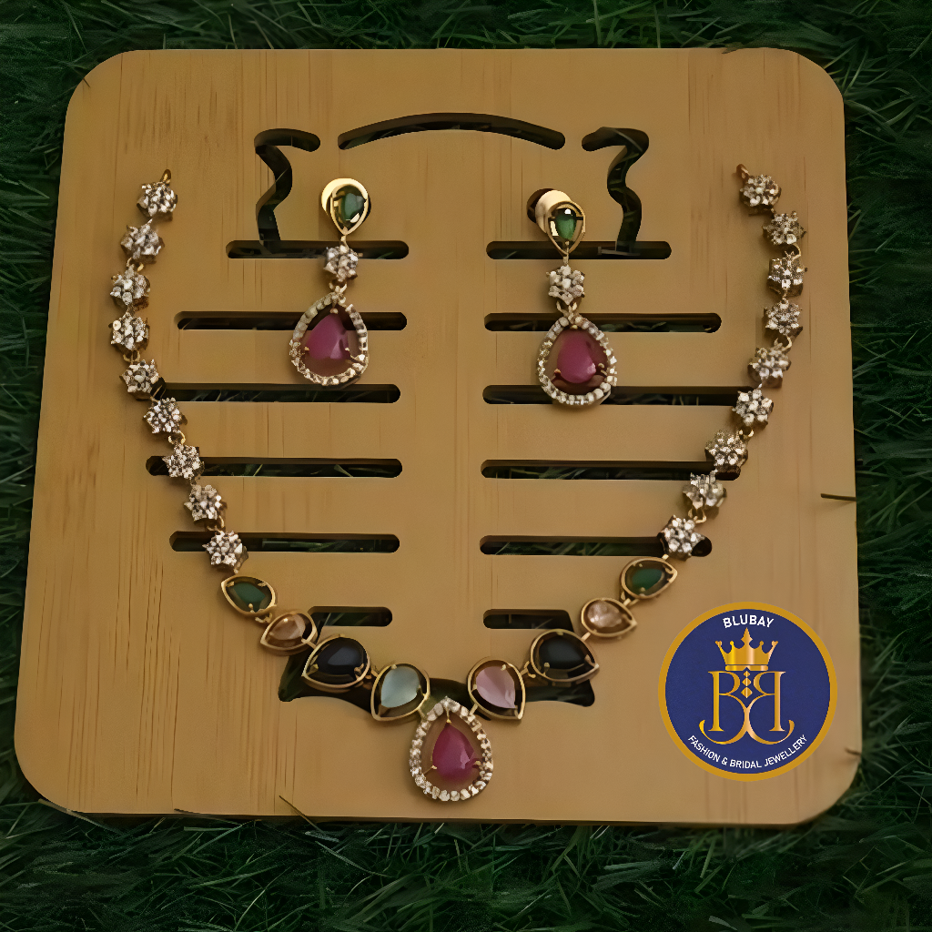 Premium multicolored Navaratna AD stone studded dew drop Floral Necklace set