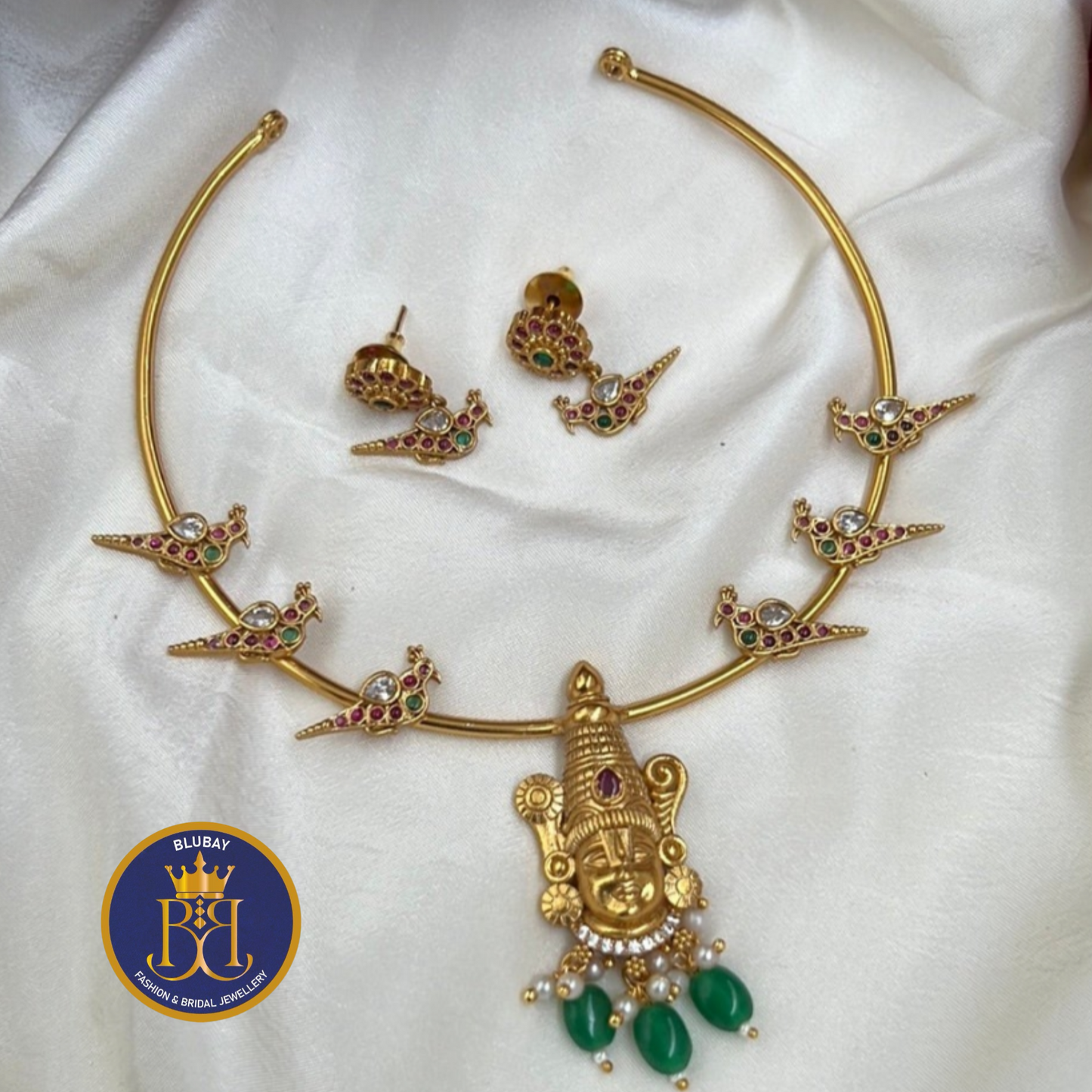 Balaji Namo Narayana Vigneswara golden kundan and kemp Hasli Necklace set