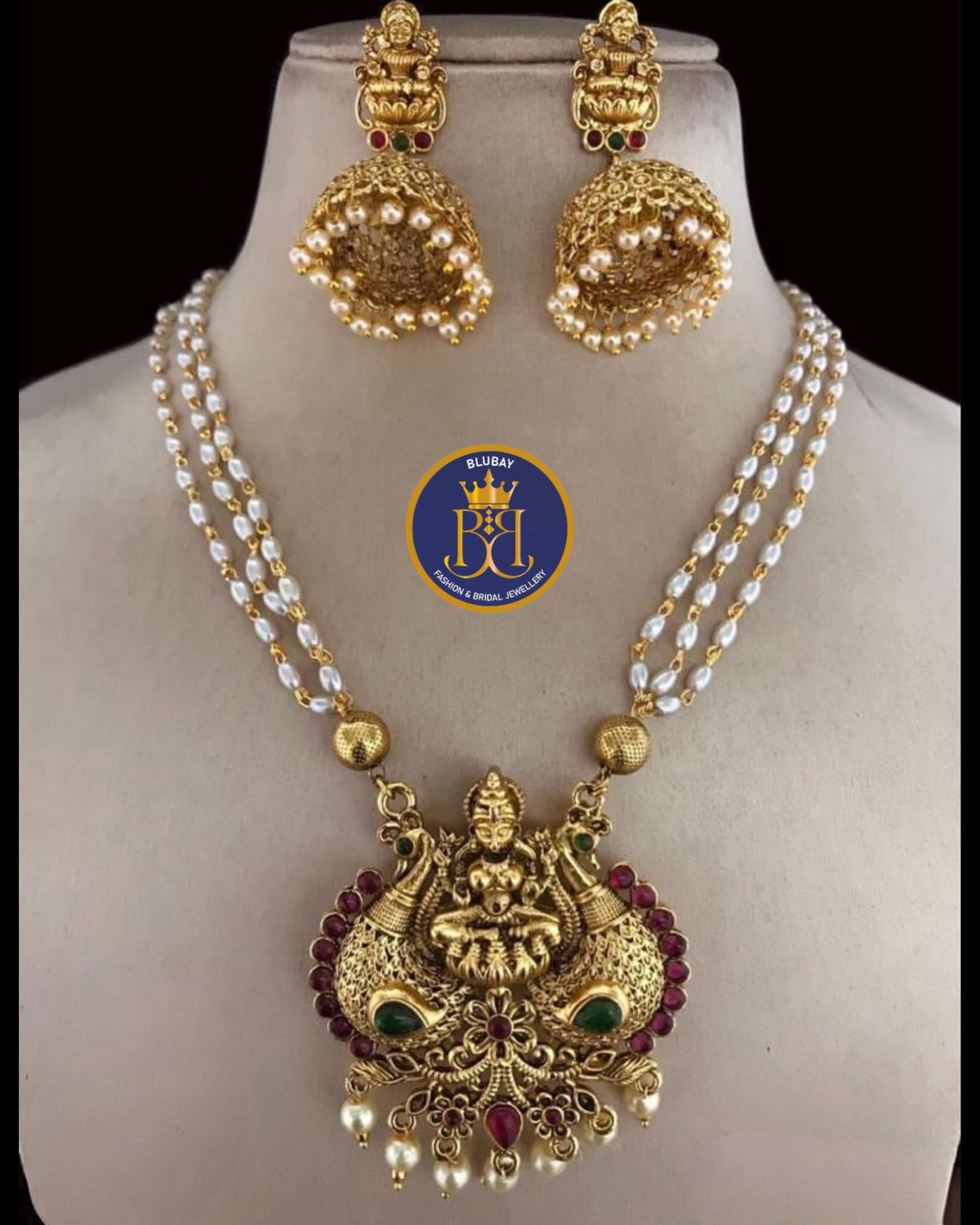 Lakshmi Devi kemp stone layered pearls long haaram set with golden jhumkas