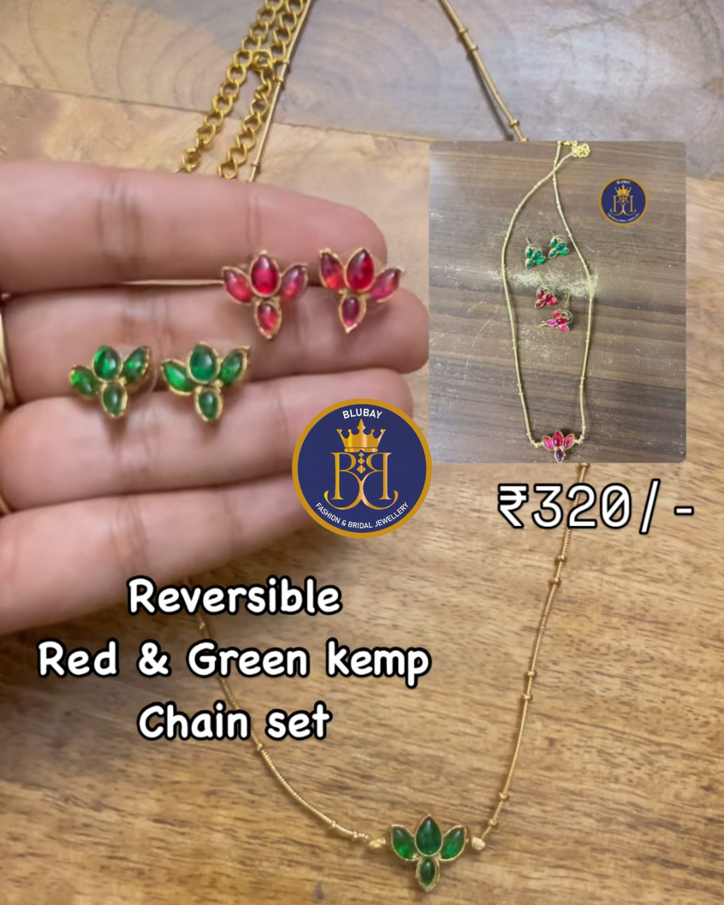 Reversible 2-in-1 red and green kemp stone delicate chain set with 2 pairs of earrings