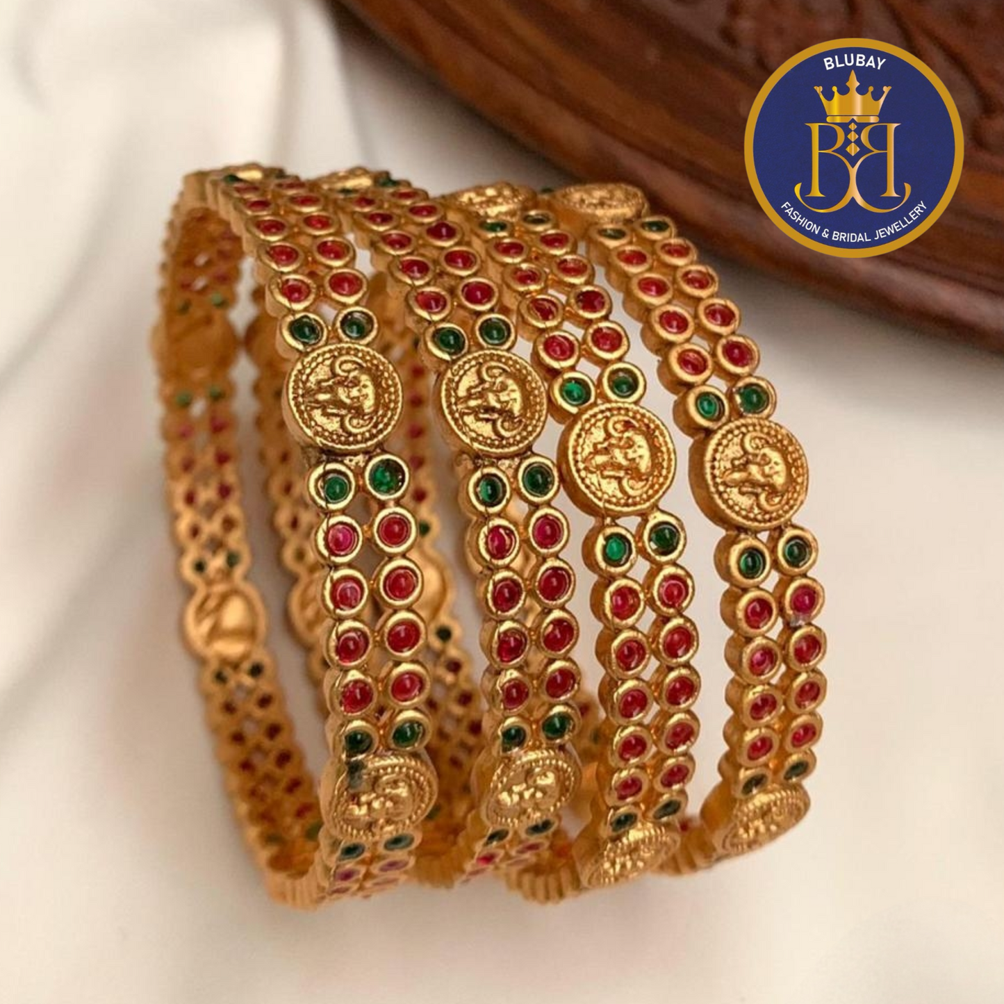 Devi golden Coin green and red kemp stone studded Bangles set of 2