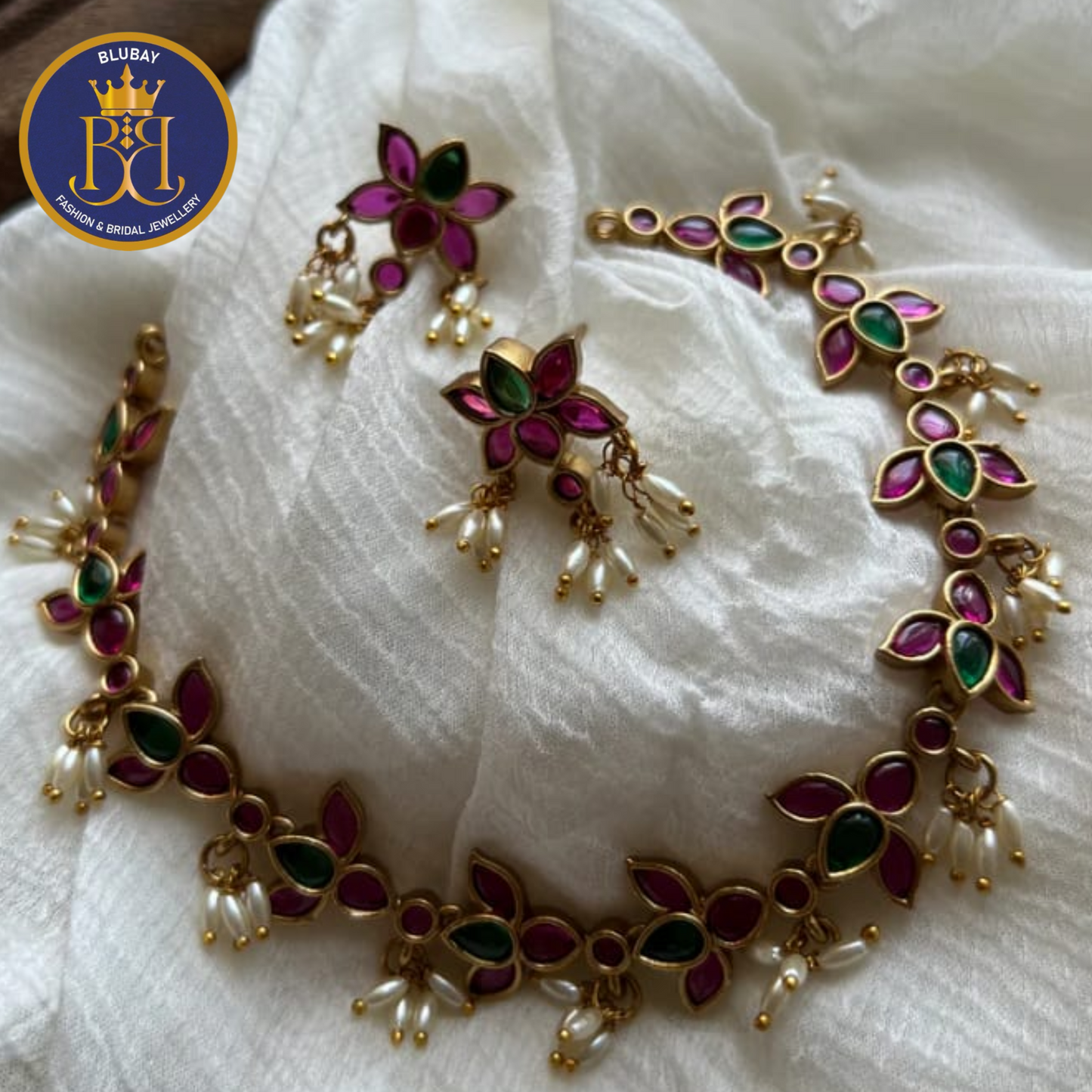 Premium Pink and green jadau lotus Necklace set with rice pearls cluster