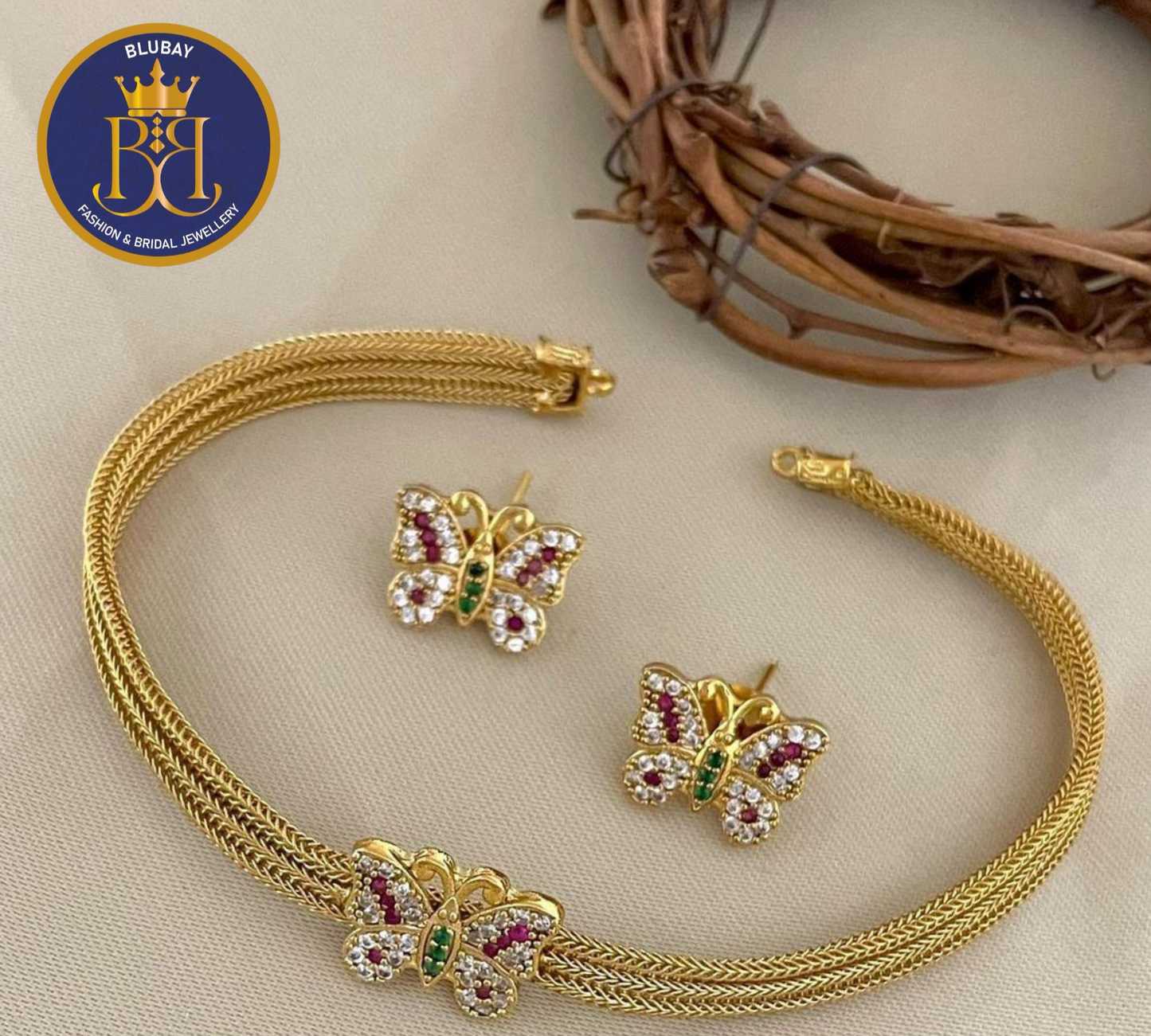Butterfly AD delicate golden mesh attigai Choker set