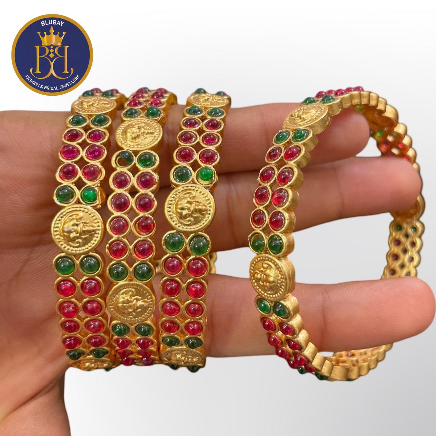 Devi golden Coin green and red kemp stone studded Bangles set of 2