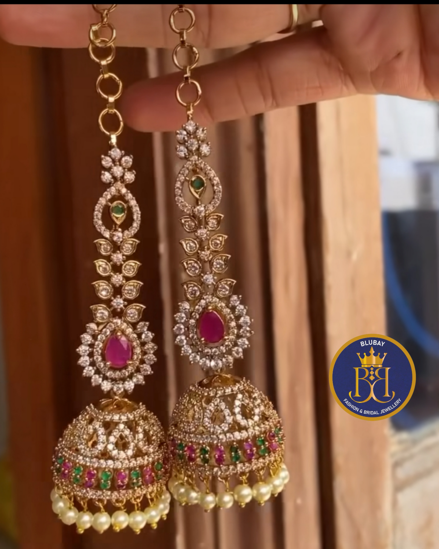AD leafy Ruby premium Jhumkas with attached Side chain