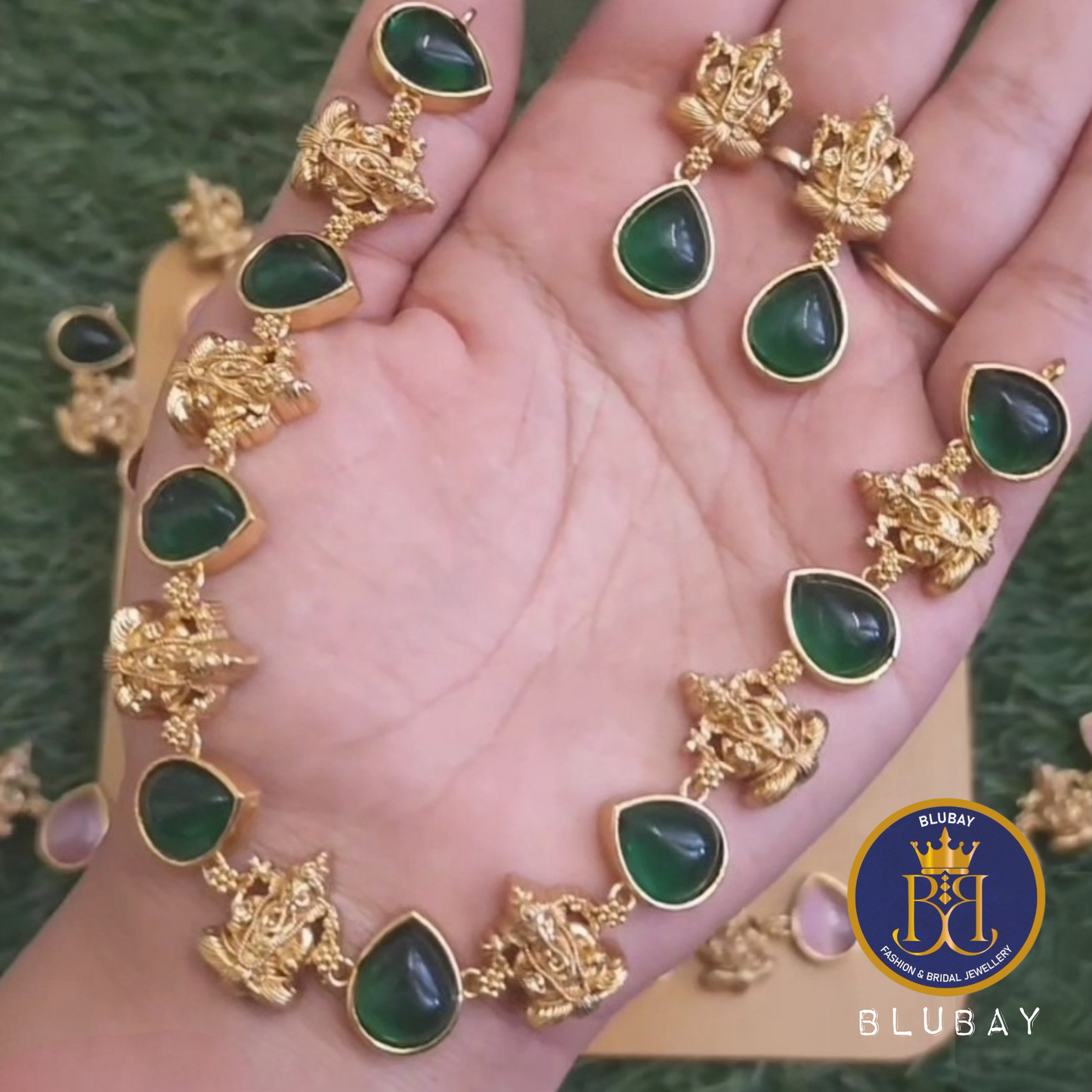 Ganapati hanging glossy stone gold look alike premium Necklace set