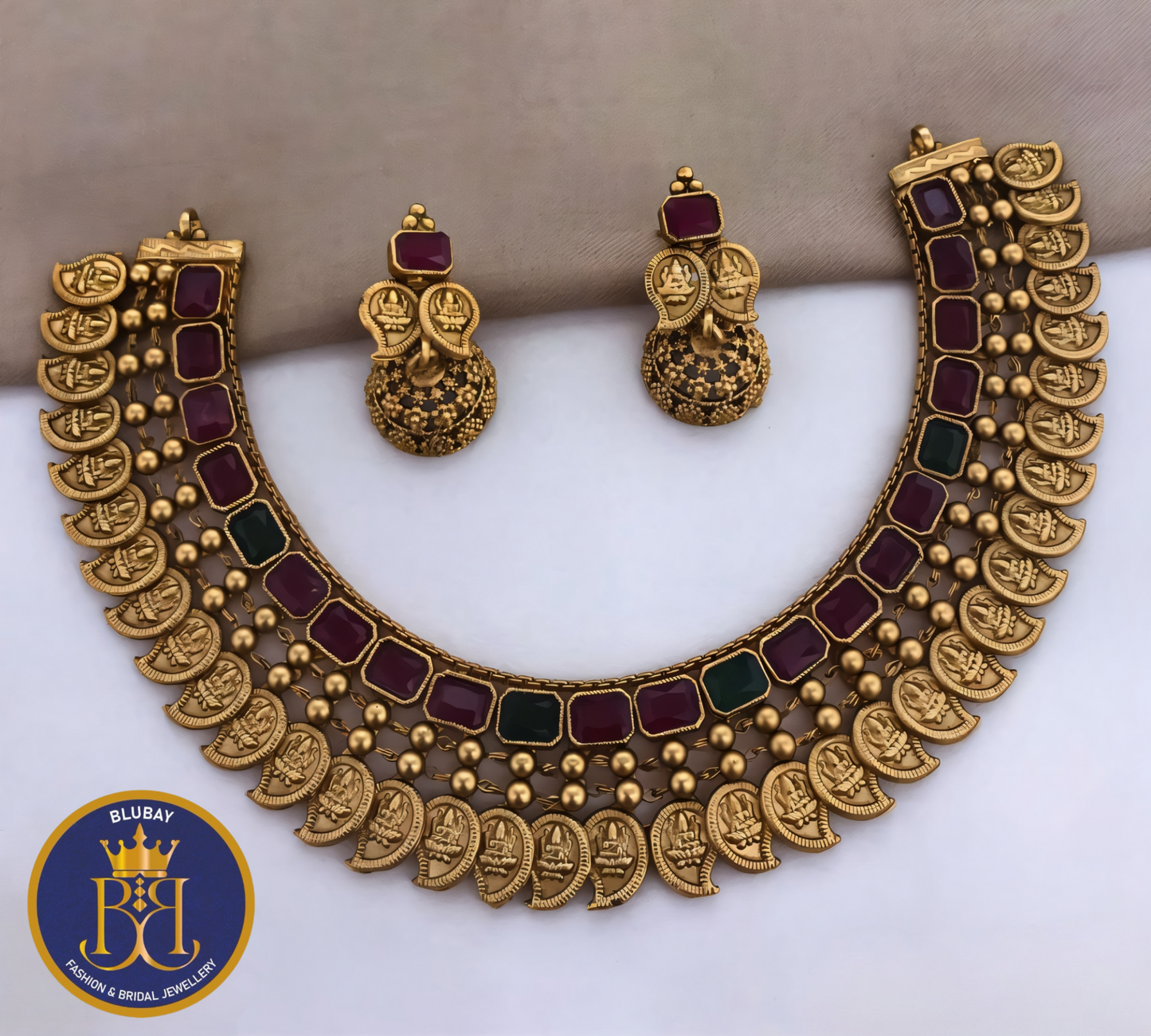 Devi kasumala designer stone studded layered Mango Necklace set with jhumkas