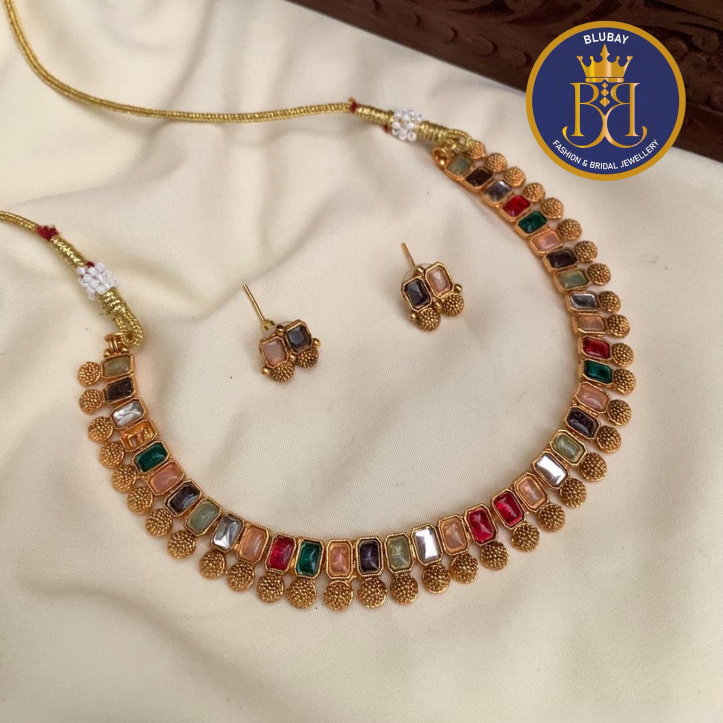 Upasana multicolored glossy stones golden beads Necklace set