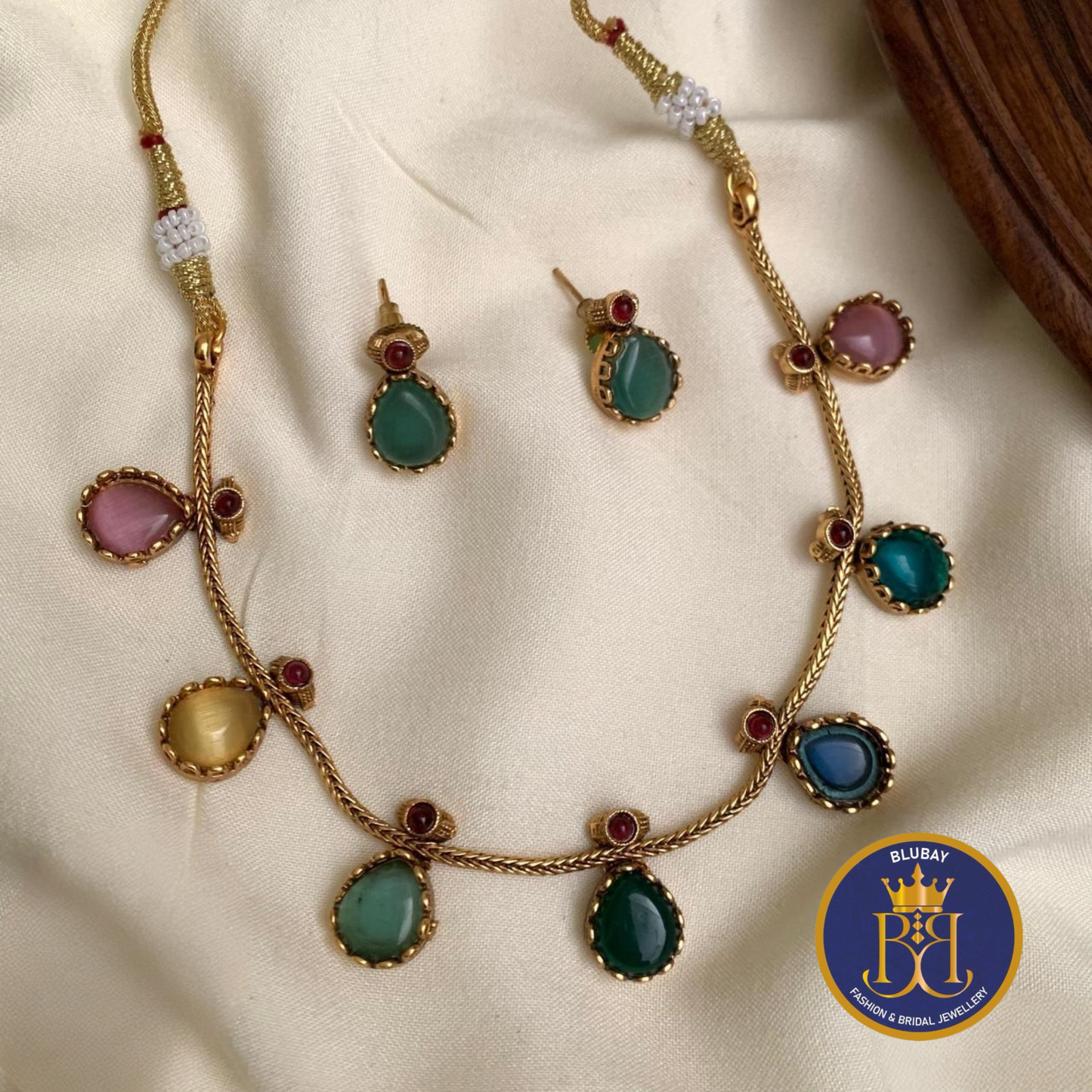 Statement Navaratna multicolored stones hanging chain Necklace set with studs earrings