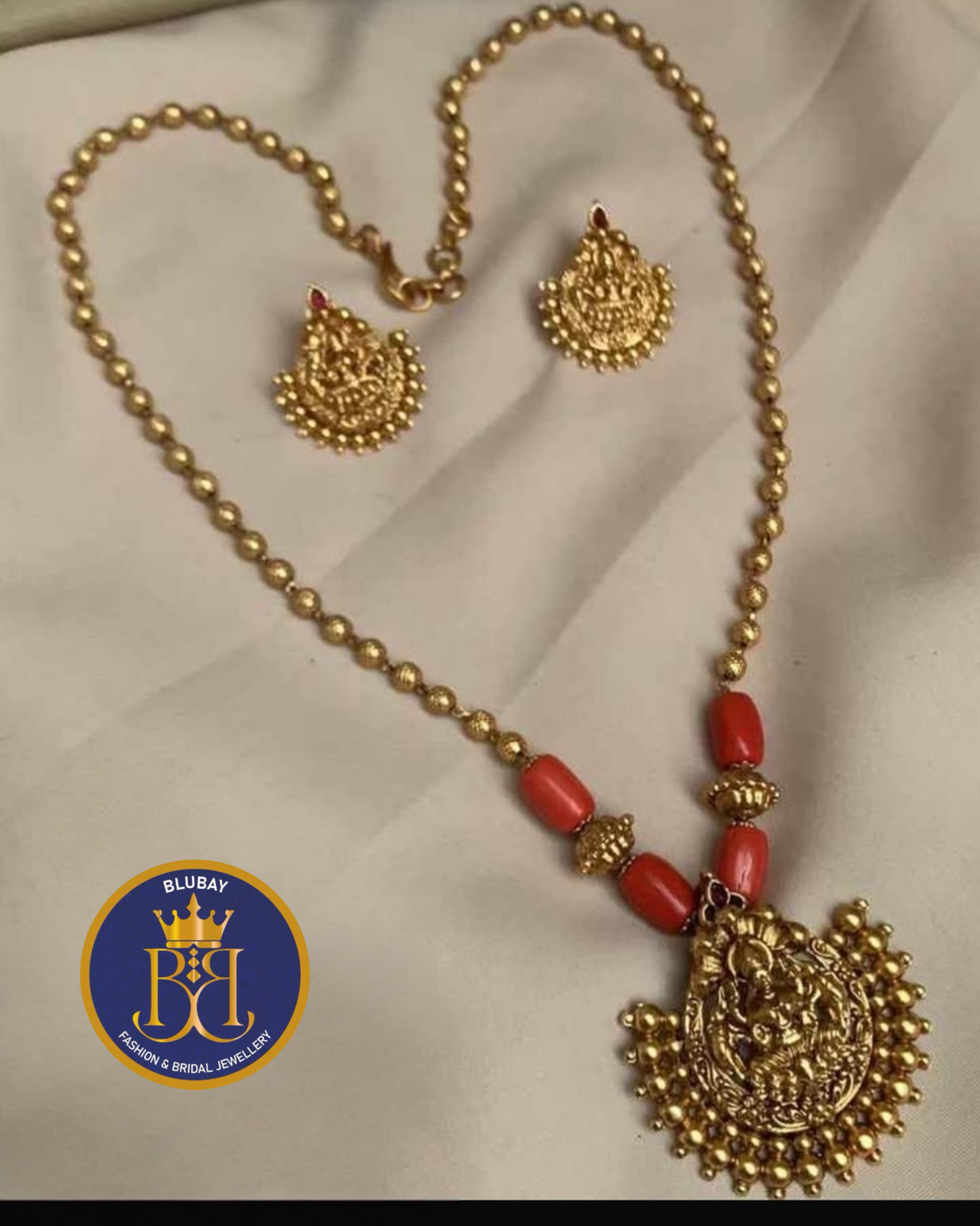 Devi Saffron beads golden Pendant Chain set with Studs earrings
