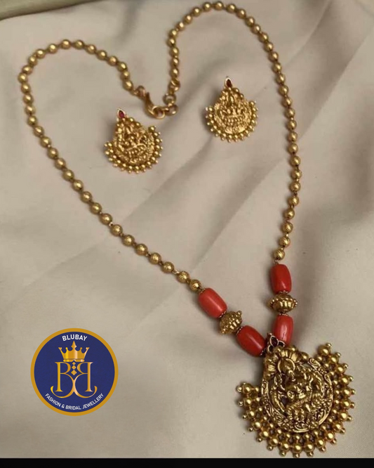 Devi Saffron beads golden Pendant Chain set with Studs earrings