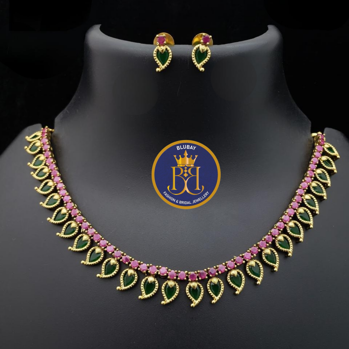 Mango mala green palakka model golden AD antique Necklace set