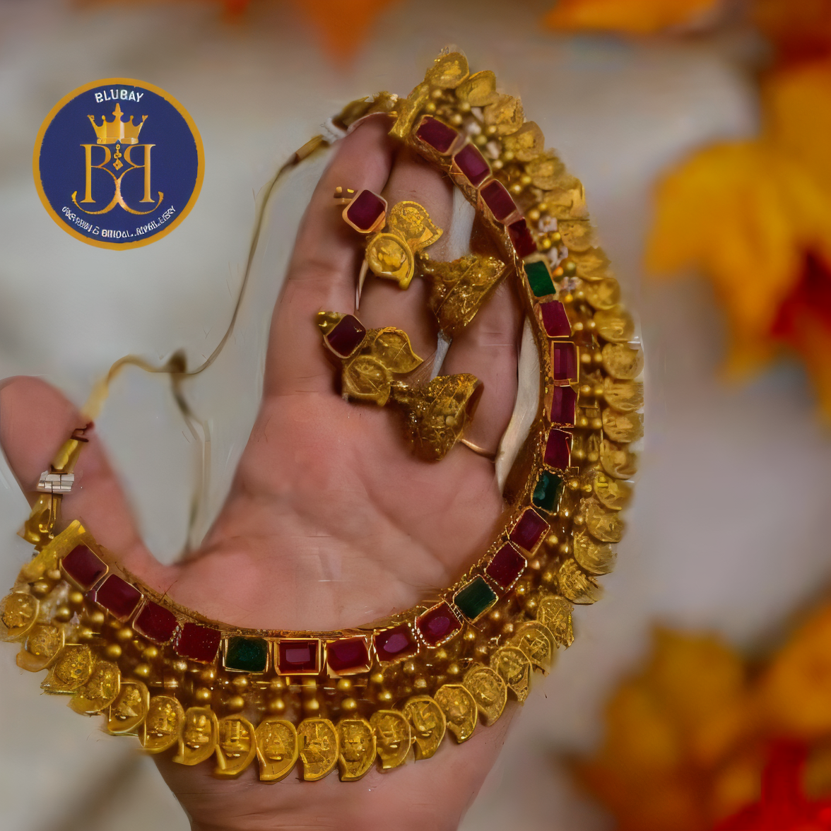 Devi kasumala designer stone studded layered Mango Necklace set with jhumkas