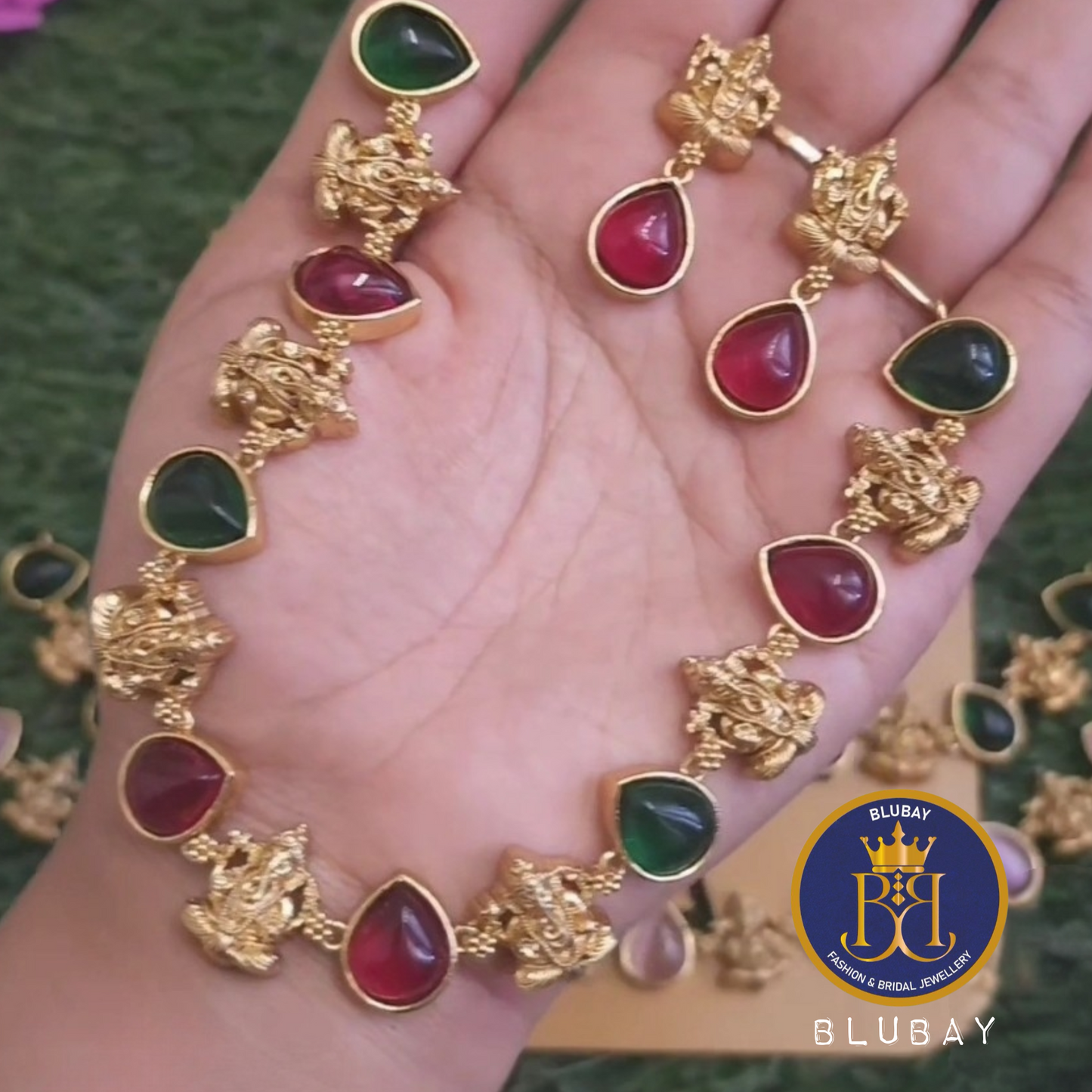 Ganapati hanging glossy stone gold look alike premium Necklace set