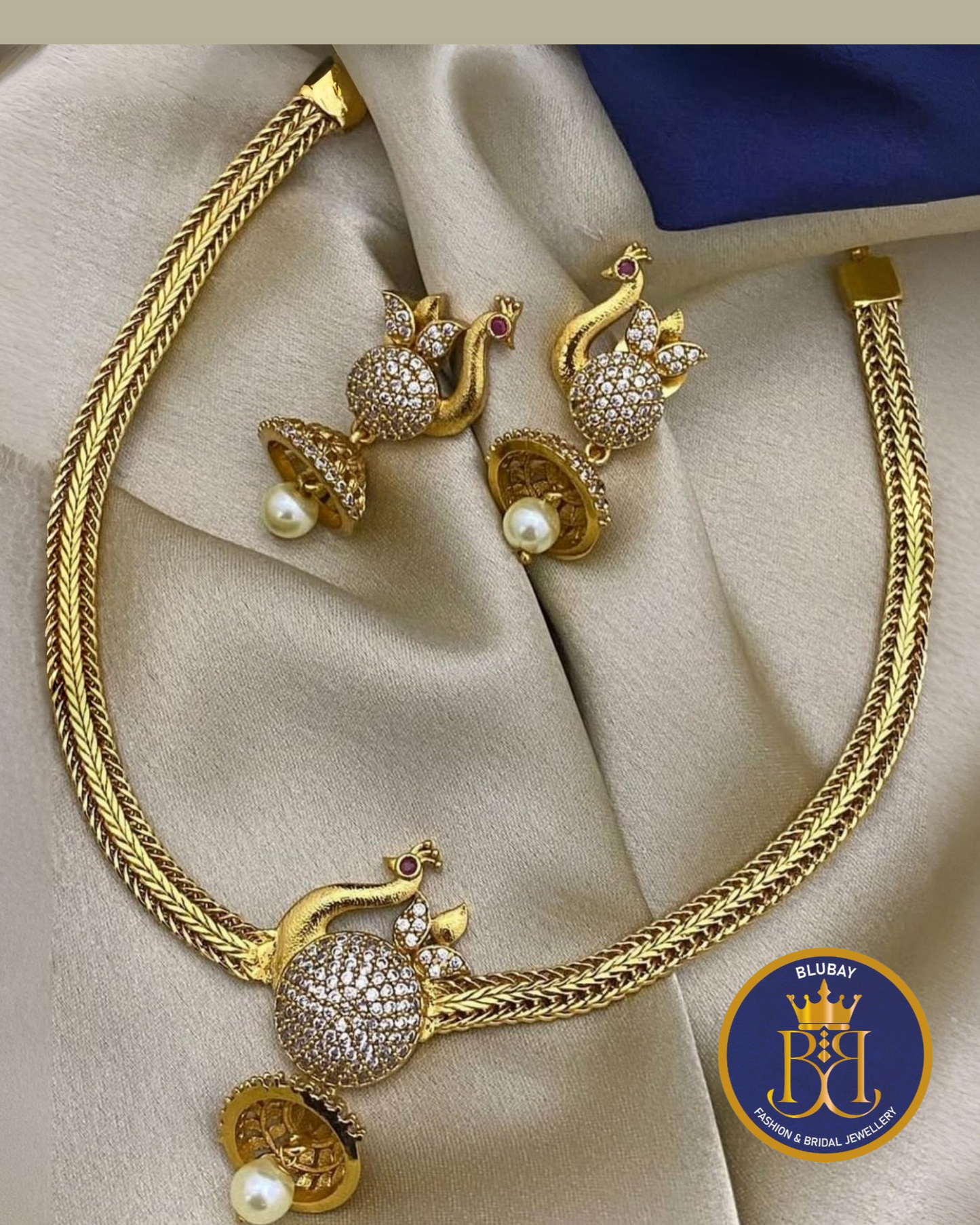 White AD Swan with bell designer golden Choker Necklace set with back chain