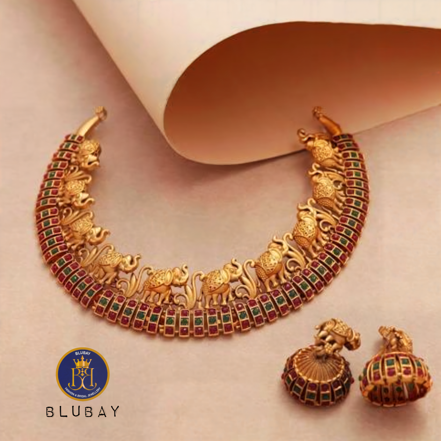 Lined elephant golden antique kemp stone Necklace with Jhumkas set