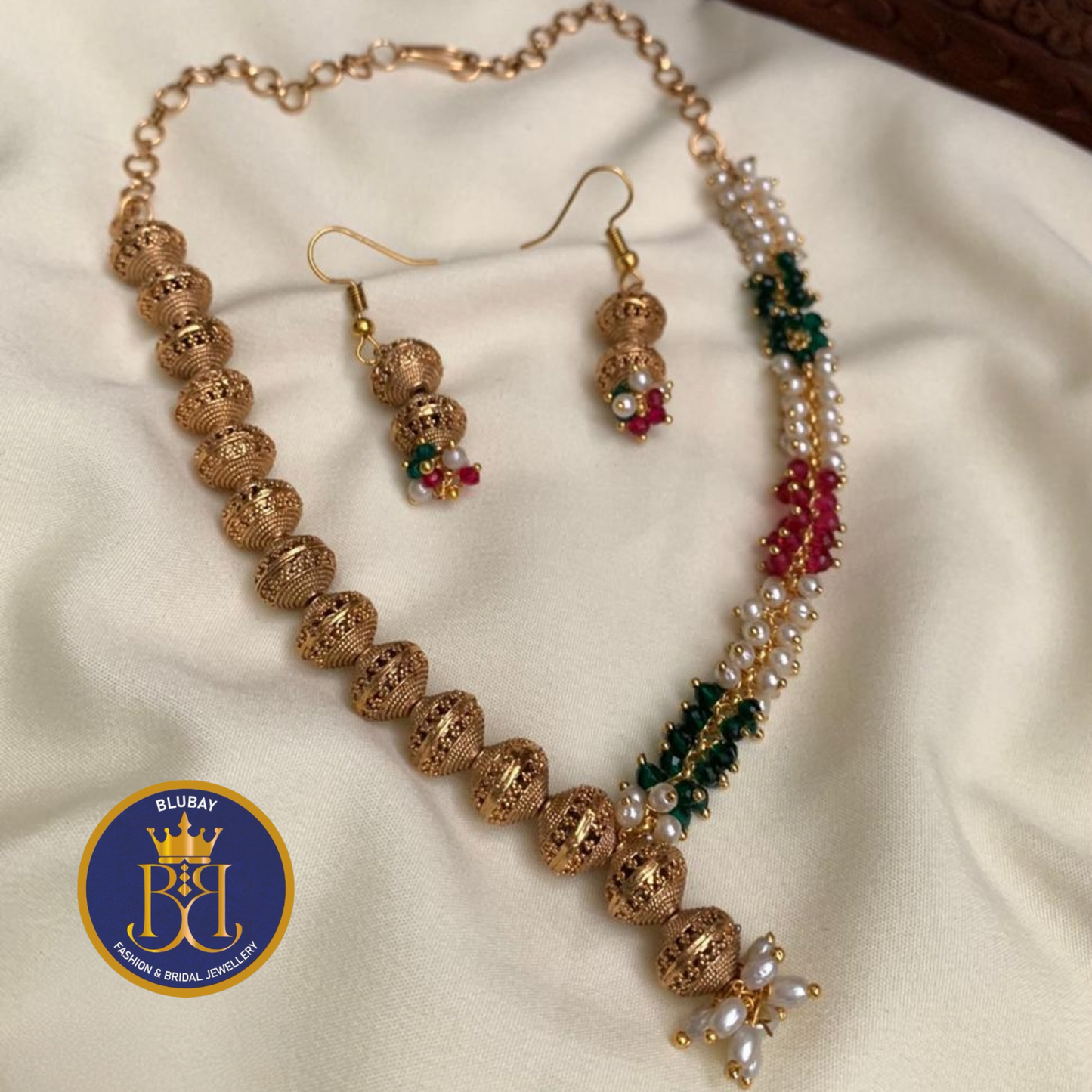 2-in-1 Tricolor pearly golden bead Necklace set with hook earrings