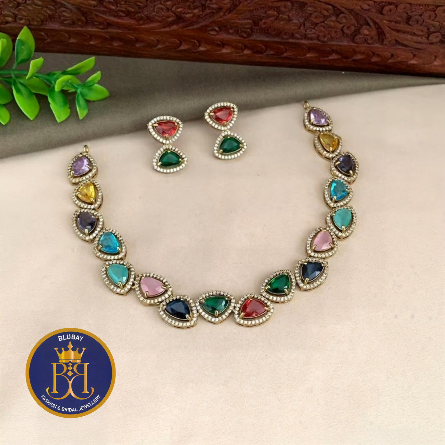 Navaratna glossy Stone premium AD designer Necklace set