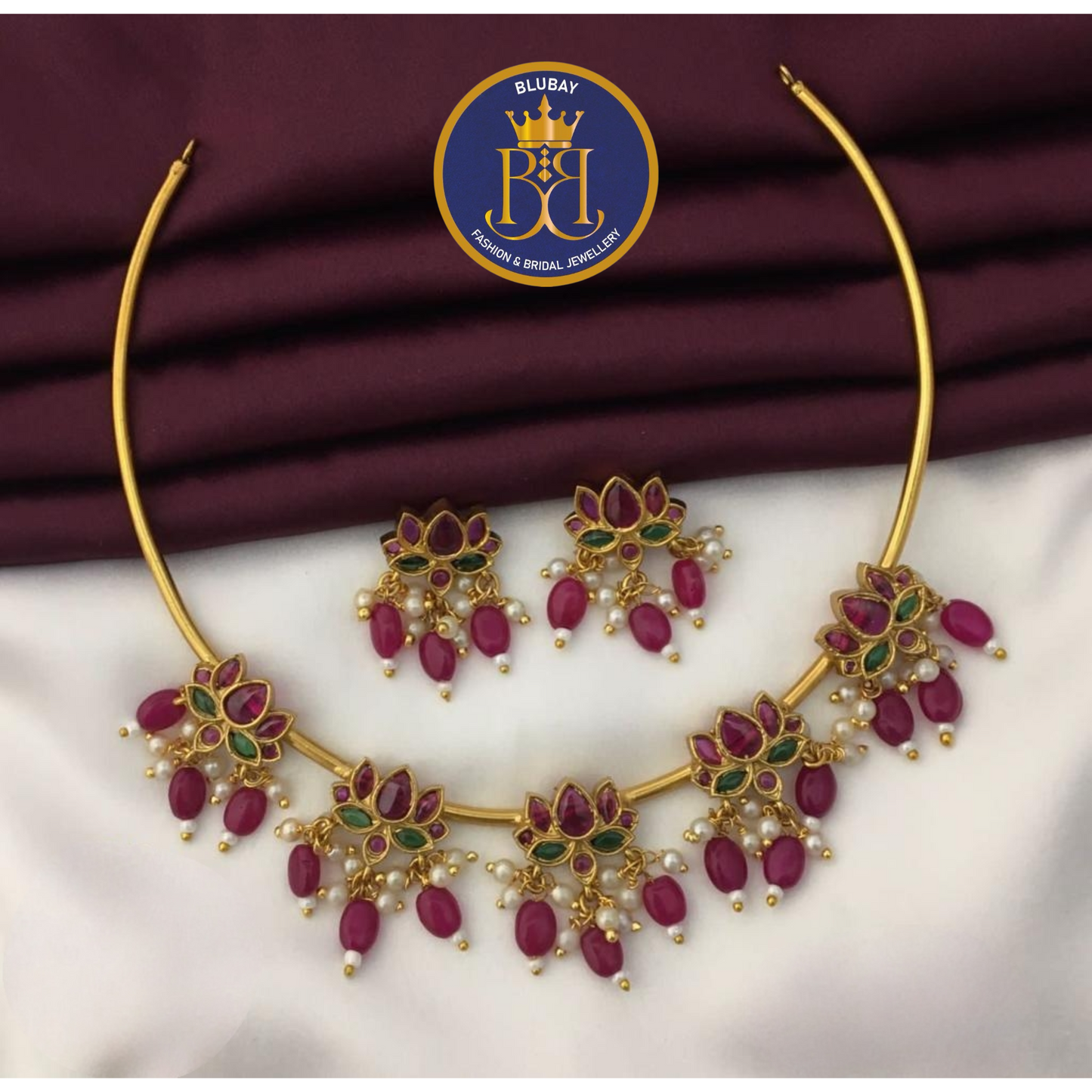 Maroon beads blooming lotus lined AD Hasli Necklace set with rice pearls