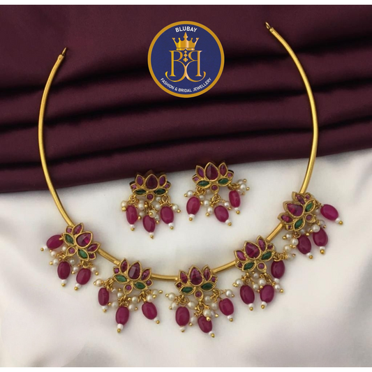 Maroon beads blooming lotus lined AD Hasli Necklace set with rice pearls