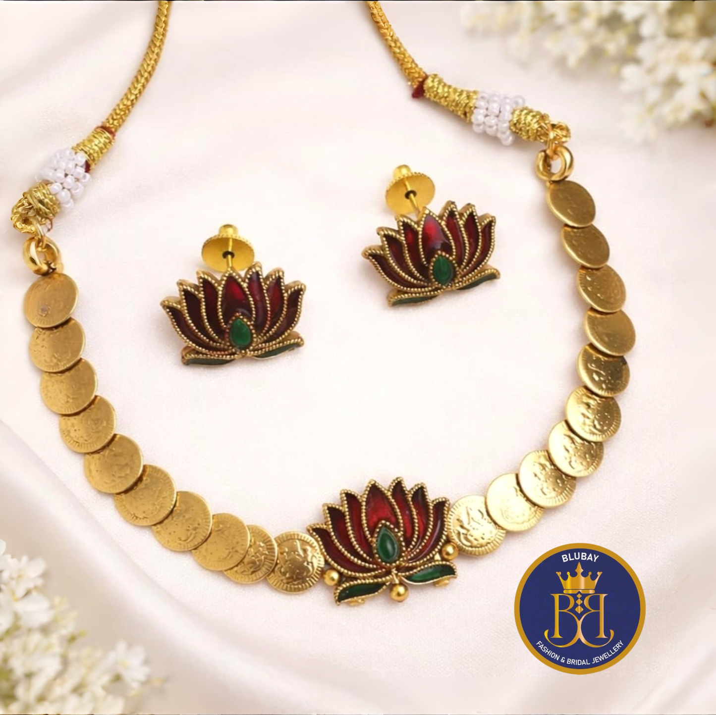 Kasumalai traditional golden lakshmi coin choker Necklace with lotus earrings