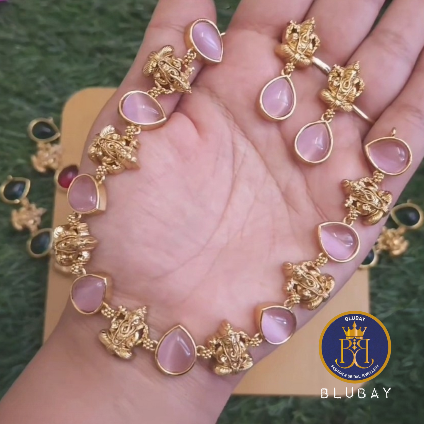 Ganapati hanging glossy stone gold look alike premium Necklace set