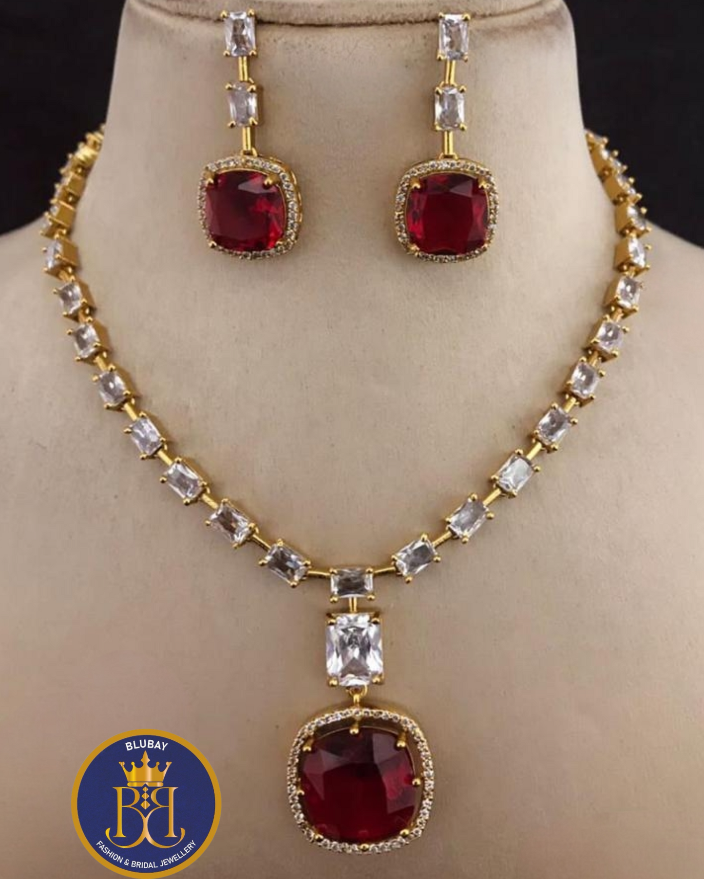 Premium blood red diamond Crystal studded golden Necklace set with drop earrings