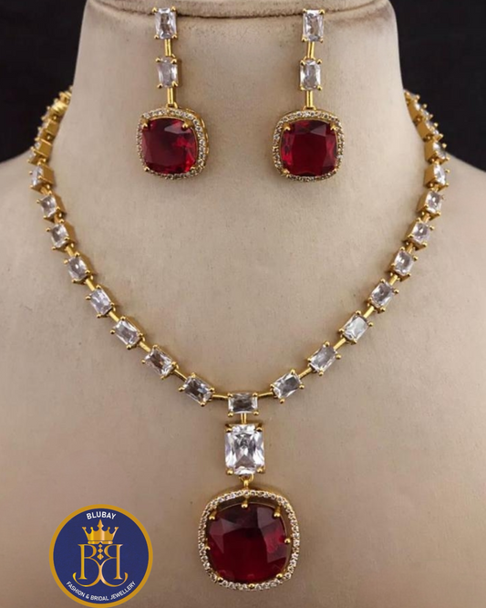 Premium blood red diamond Crystal studded golden Necklace set with drop earrings