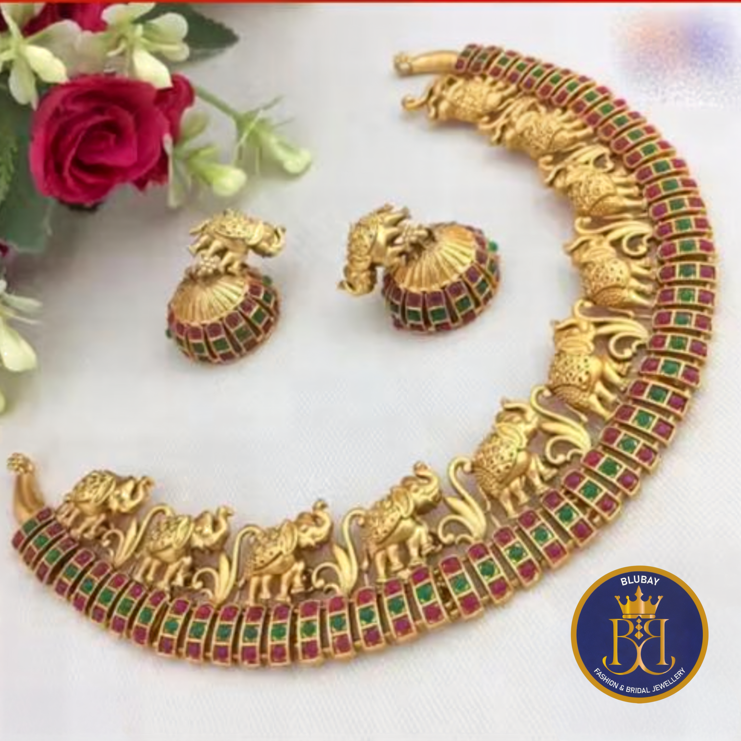 Lined elephant golden antique kemp stone Necklace with Jhumkas set