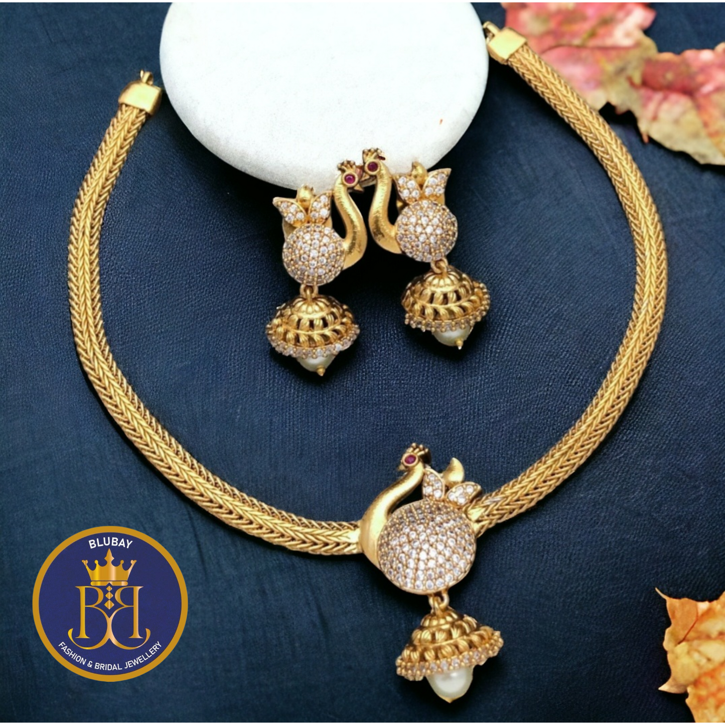 White AD Swan with bell designer golden Choker Necklace set with back chain
