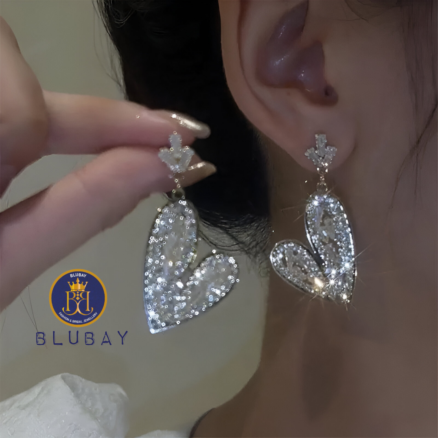 Korean Silver heart sparkling AD earrings