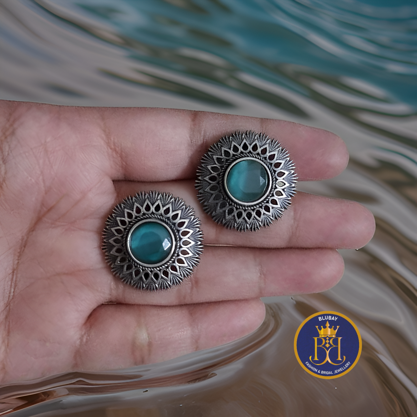 Silver oxidised turquoise blue chakra Studs